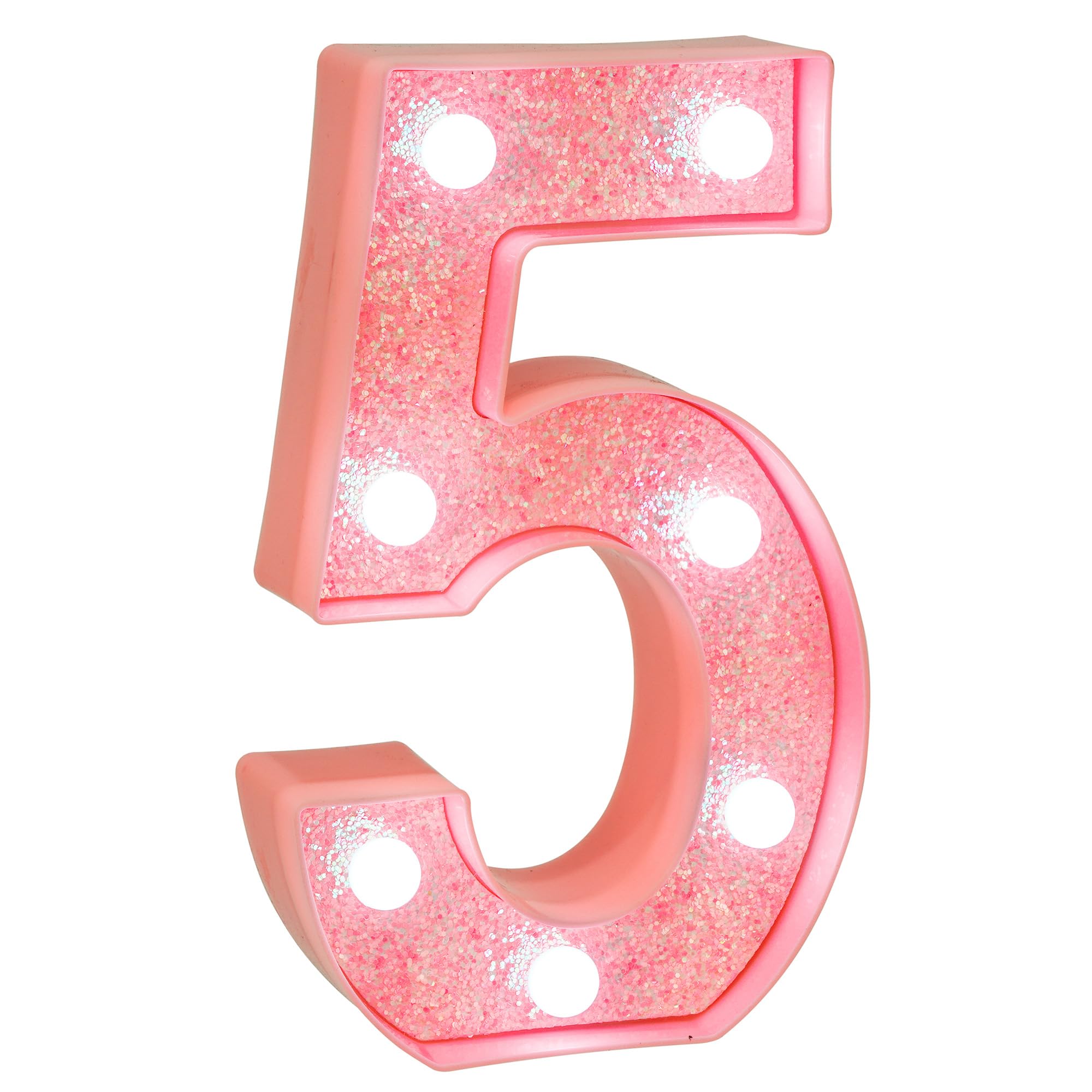 EUFONY Pink Glitter LED Marquee Light Up Number 5 with Cool White Lights, Battery-Powered Numbers sign for Girls Birthday Party