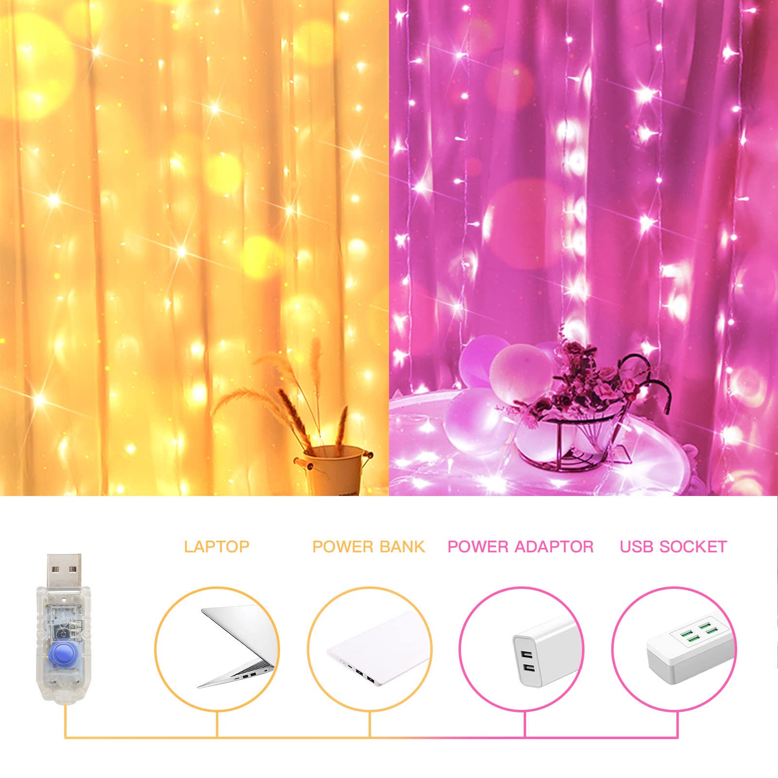suddus Color Changing Curtain Lights, 200 LED, 6.5ft x 6.5ft, Warm White & Fuchsia, USB, Plastic Fairy Lights for Bedroom, Wedding, Party