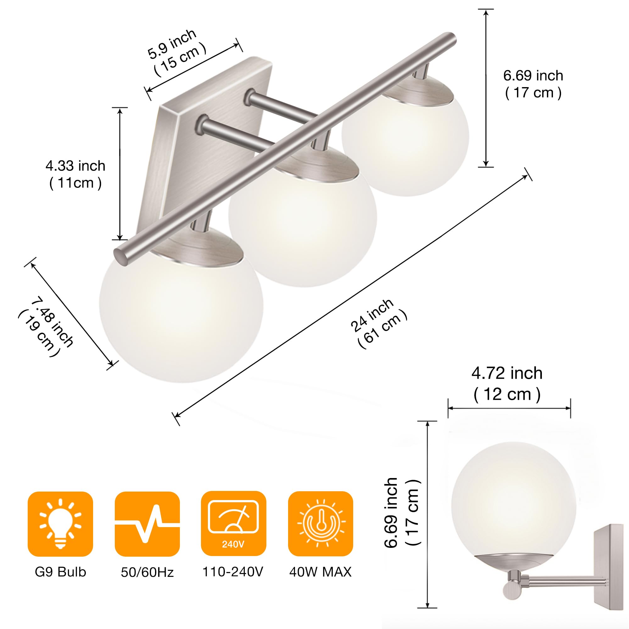YHTlaeh New Bathroom Vanity Light Fixtures 3 Lights Brushed Nickel Glass Shade Modern Wall Bar Sconce Over Mirror