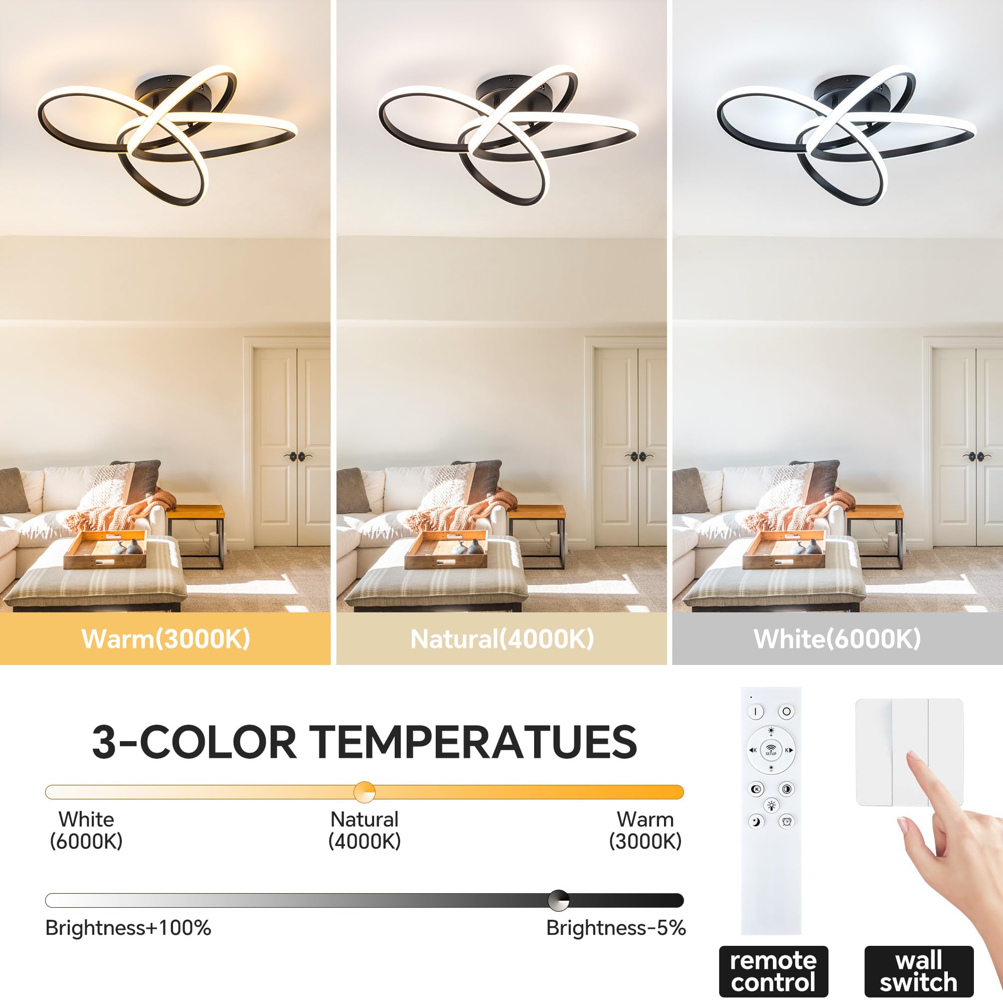 TIAZFCA Modern LED Chandelier, 50W LED Ceiling Light with Remote Control, 3000-6000K Color Temperature Changing, Balck Chandelie