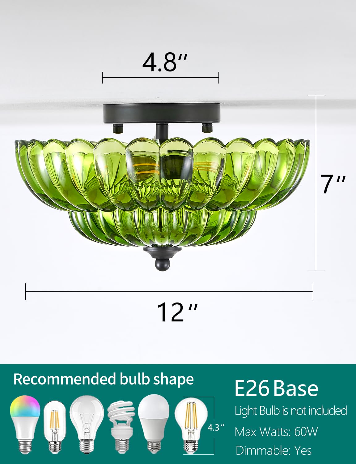 SIJINCHEN Semi Flush Mount Ceiling Light, 3-Bulb, Green Glass, 11.8 inch, Vintage Design for Bedroom, Kitchen, Living Room