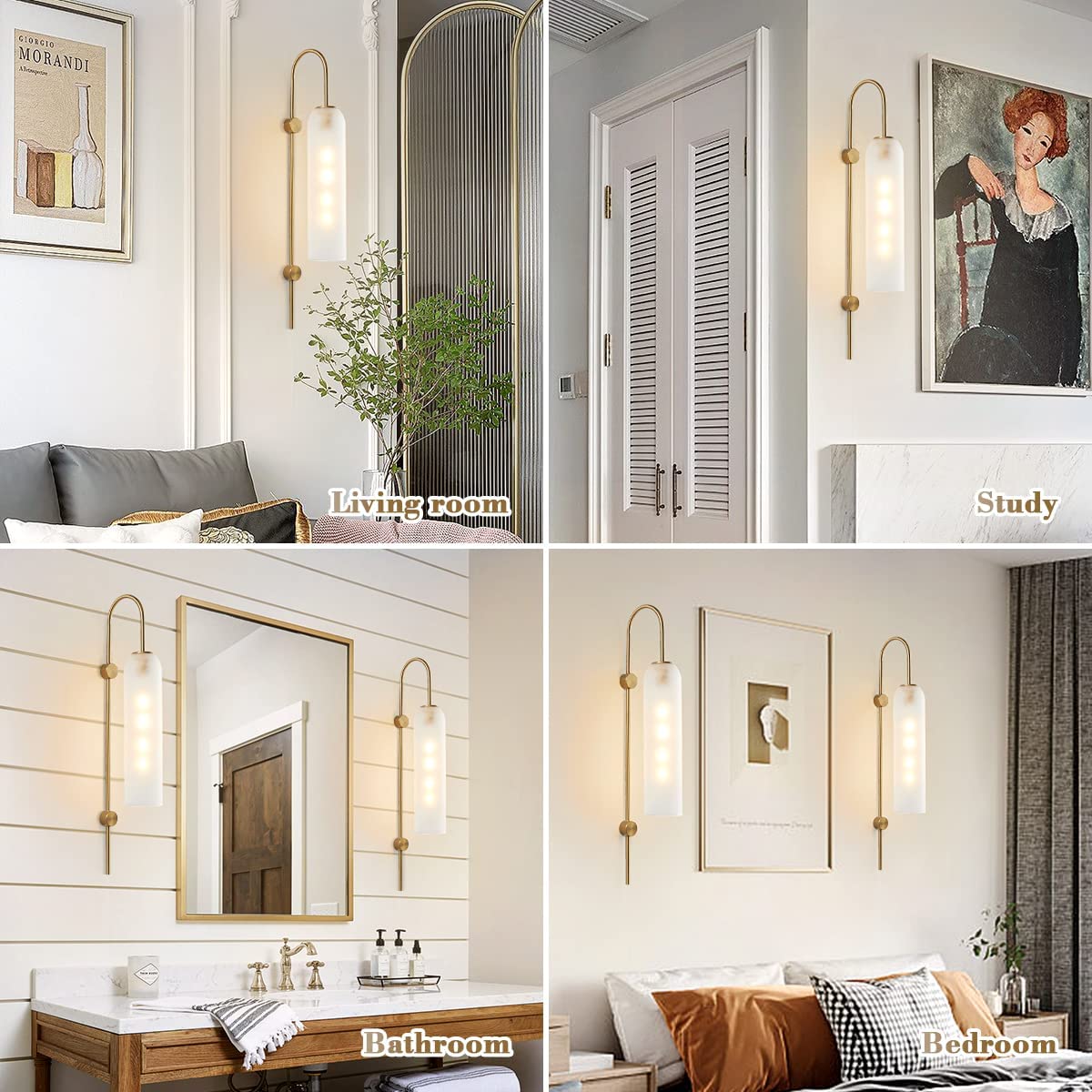 BOKT Mid Century Modern Wall Sconce, 1-Light Brushed Gold Metal, White Glass, Model L0293E01W, Ideal for Bathroom Vanity