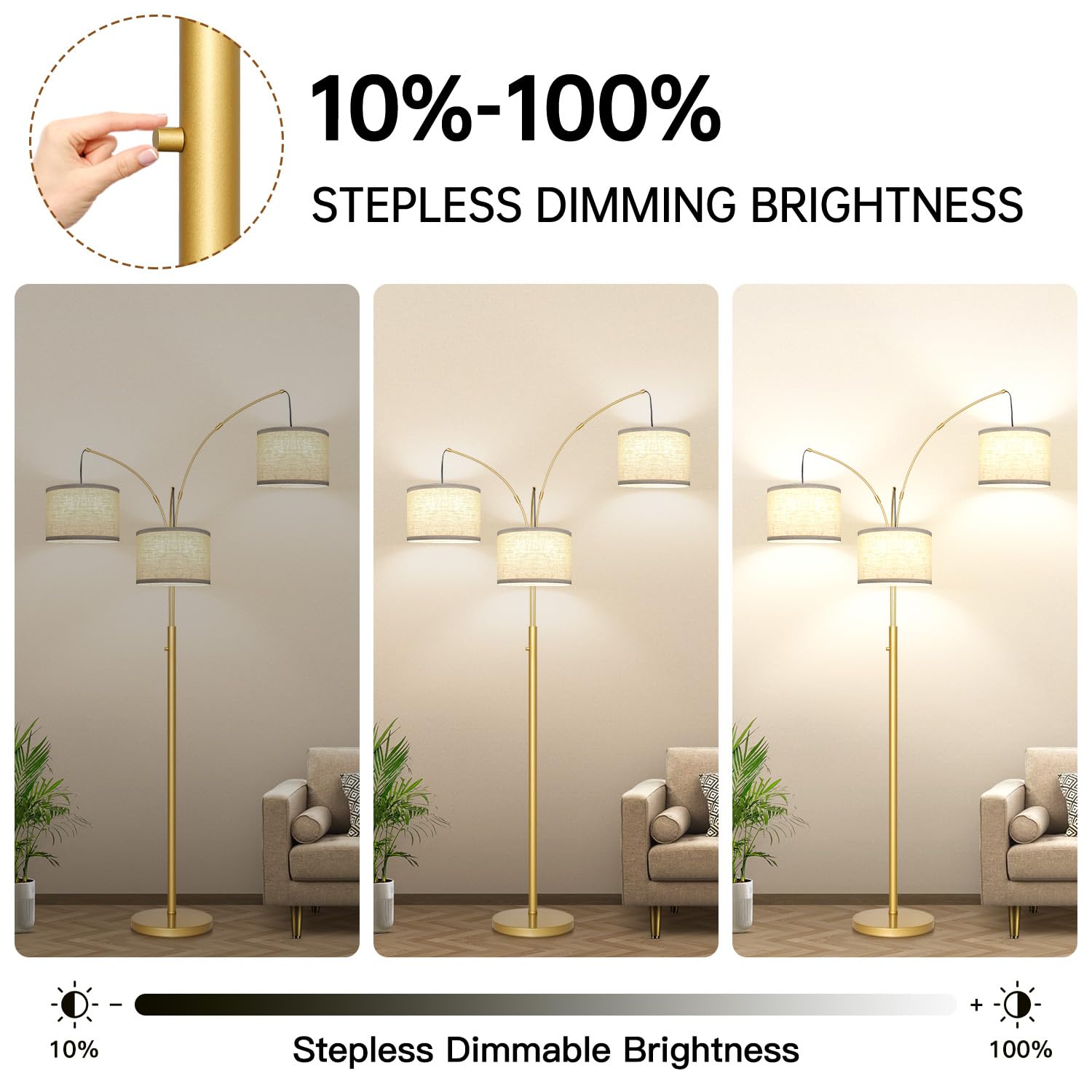 Nintiue Dimmable Gold Arc Floor Lamp - 3 Lights, Modern Design, White Shade, Heavy Base, Model F1378G