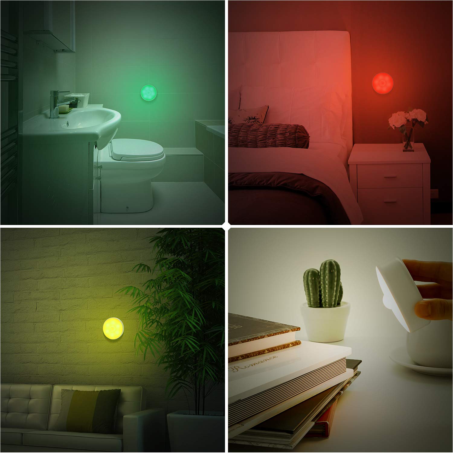 SingHong Motion Sensor LED Night Light, USB Rechargeable, 8 Colors, 3 Modes, White, Model SHNL-W2, 2 Pack