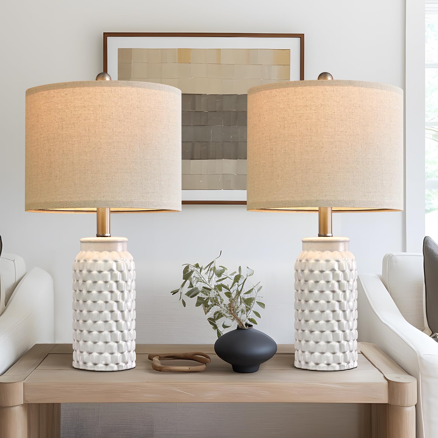 USumkky 20.5'' White Modern Ceramic Bedside Lamp Set of 2 for Bedroom Decor Farmhouse Table Lamp for Living Room Office Dorm