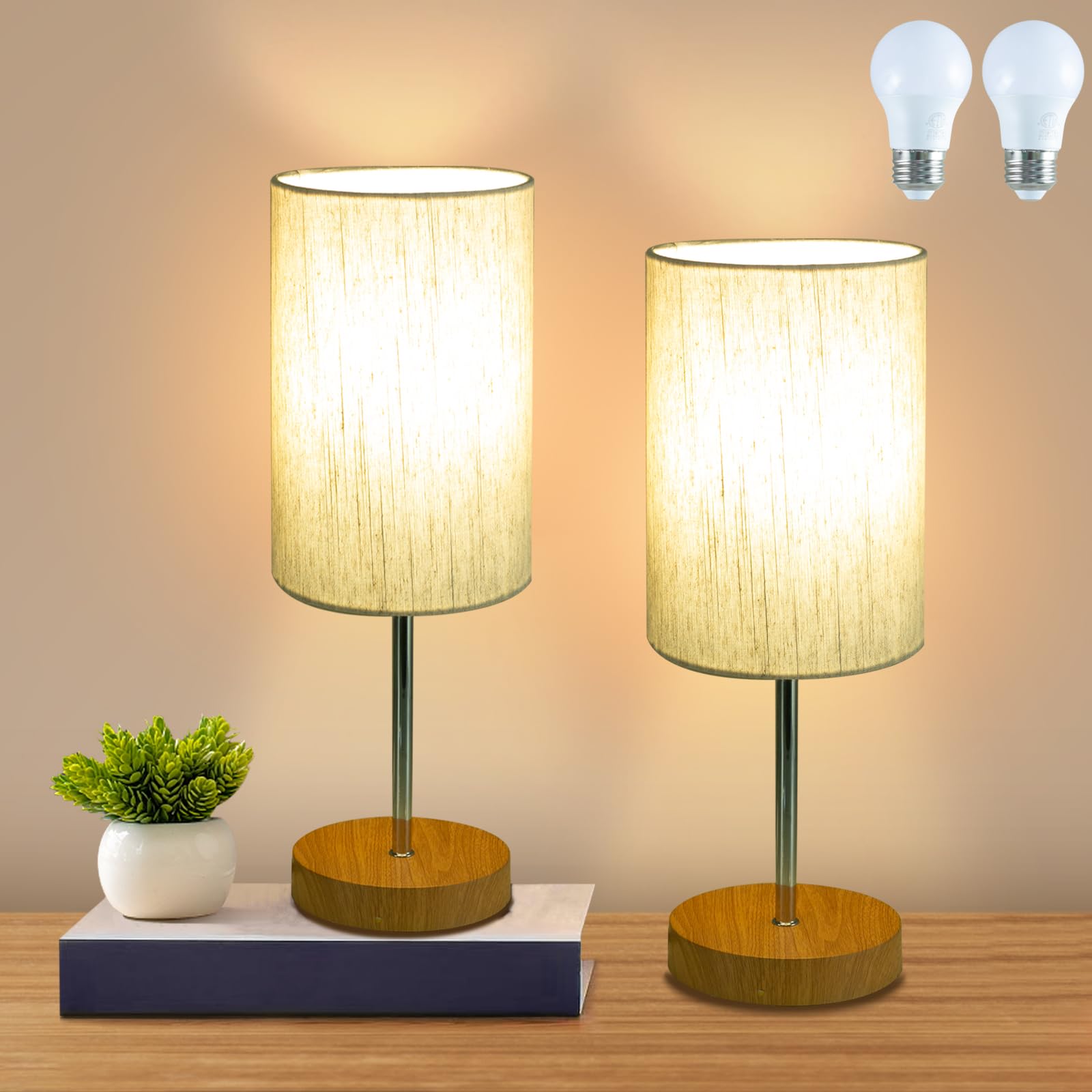 RISLG Small Table Lamps 2 Pack, Beige-Wood, Linen Fabric Shade, 15.4in, Model GPTL-0002WG, Modern Minimalist Design for Bedroom, Office, Dorm