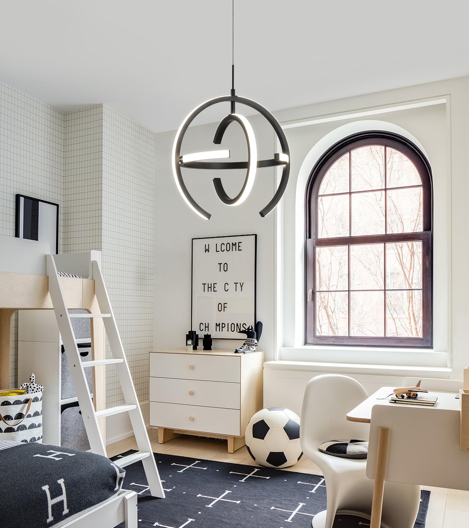 Q&S Modern LED Chandelier - Black Round Globe Pendant Light for Entryway, Kitchen, Dining, Living Room - W15" - Model P2028-BK