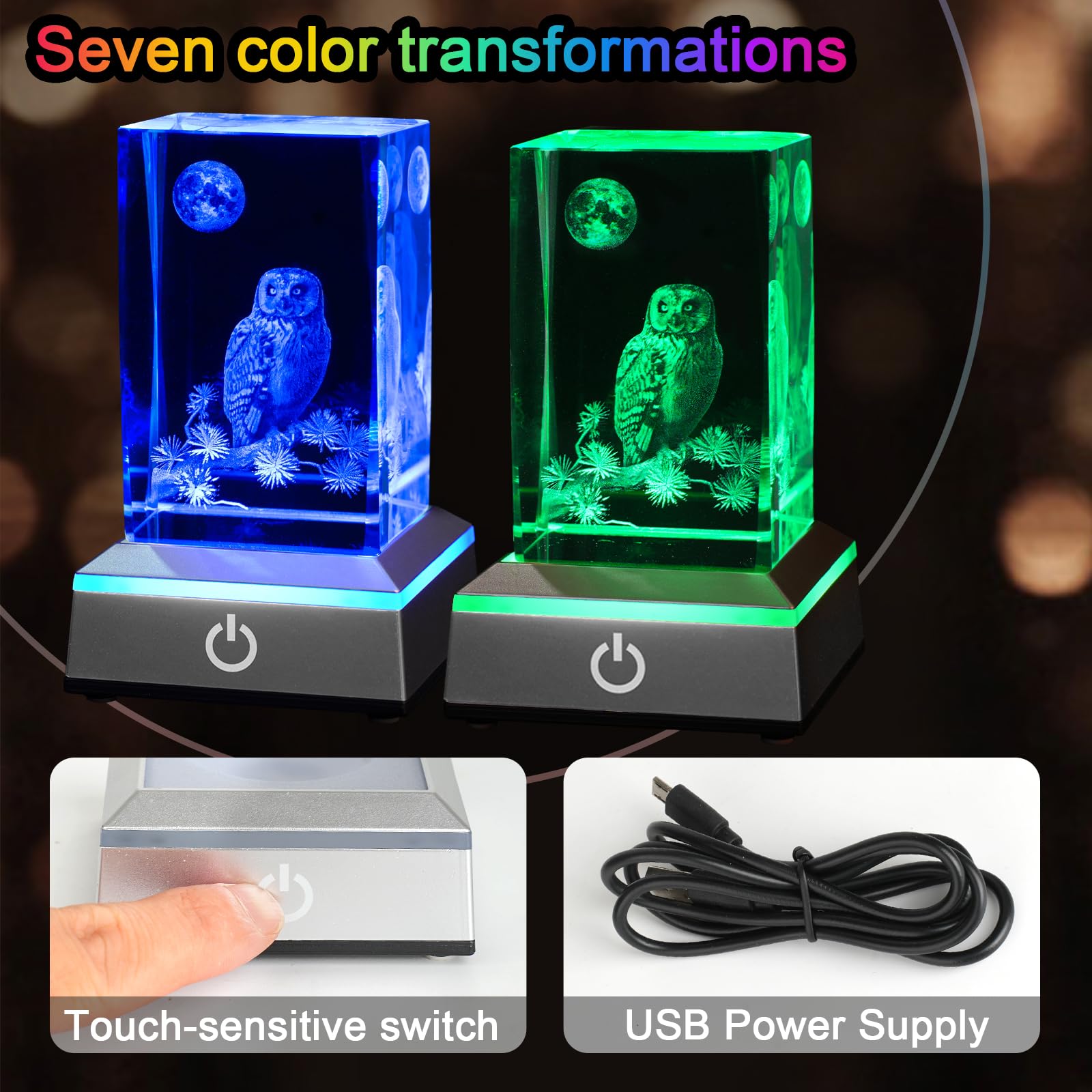 Eicxjui 3D Owl Crystal Night Light With Multicolor Led Base Glass Laser Engraved Owl Figurines Lamp Gifts For Boys Girls Lovers