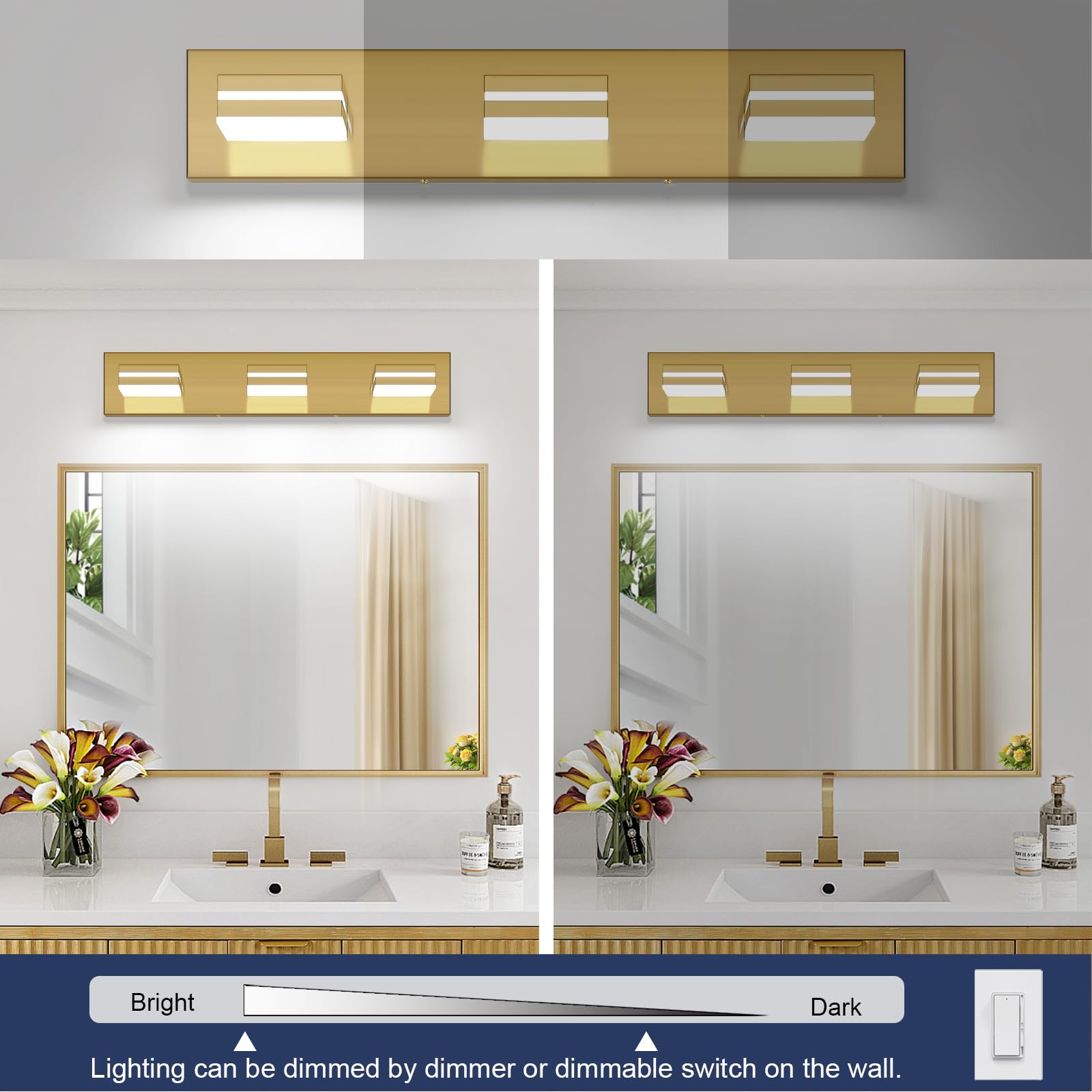 SineRise LED Bathroom Vanity Light Fixture, 3-Light, 24-Inch, Brass, Dimmable, Stainless Steel, Model e74fb27a-cb3a