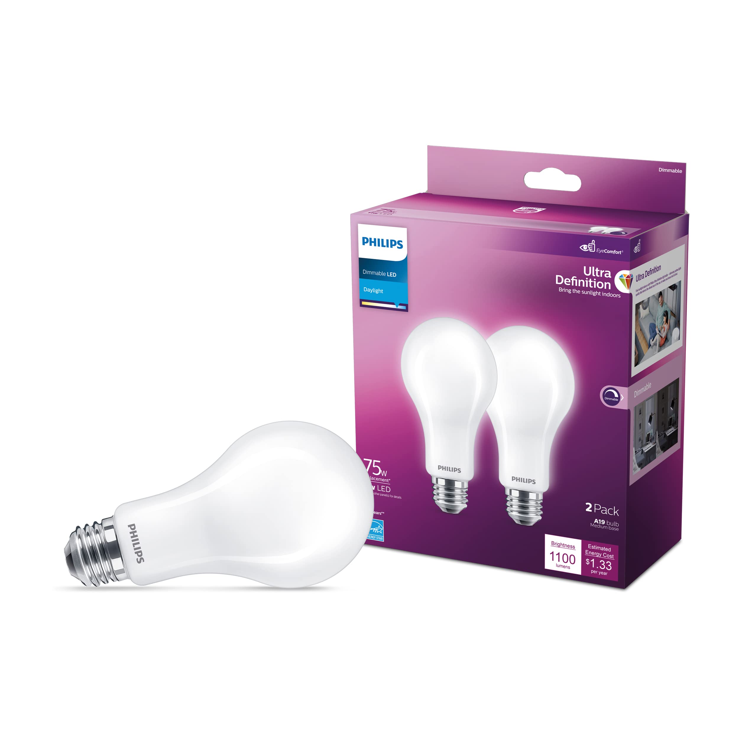 Philips Led A21 Ultra Definition Frosted Dimmable Led Light Bulbs - Flicker-Free 75W Light Bulbs With Eyecomfort Technology - Da