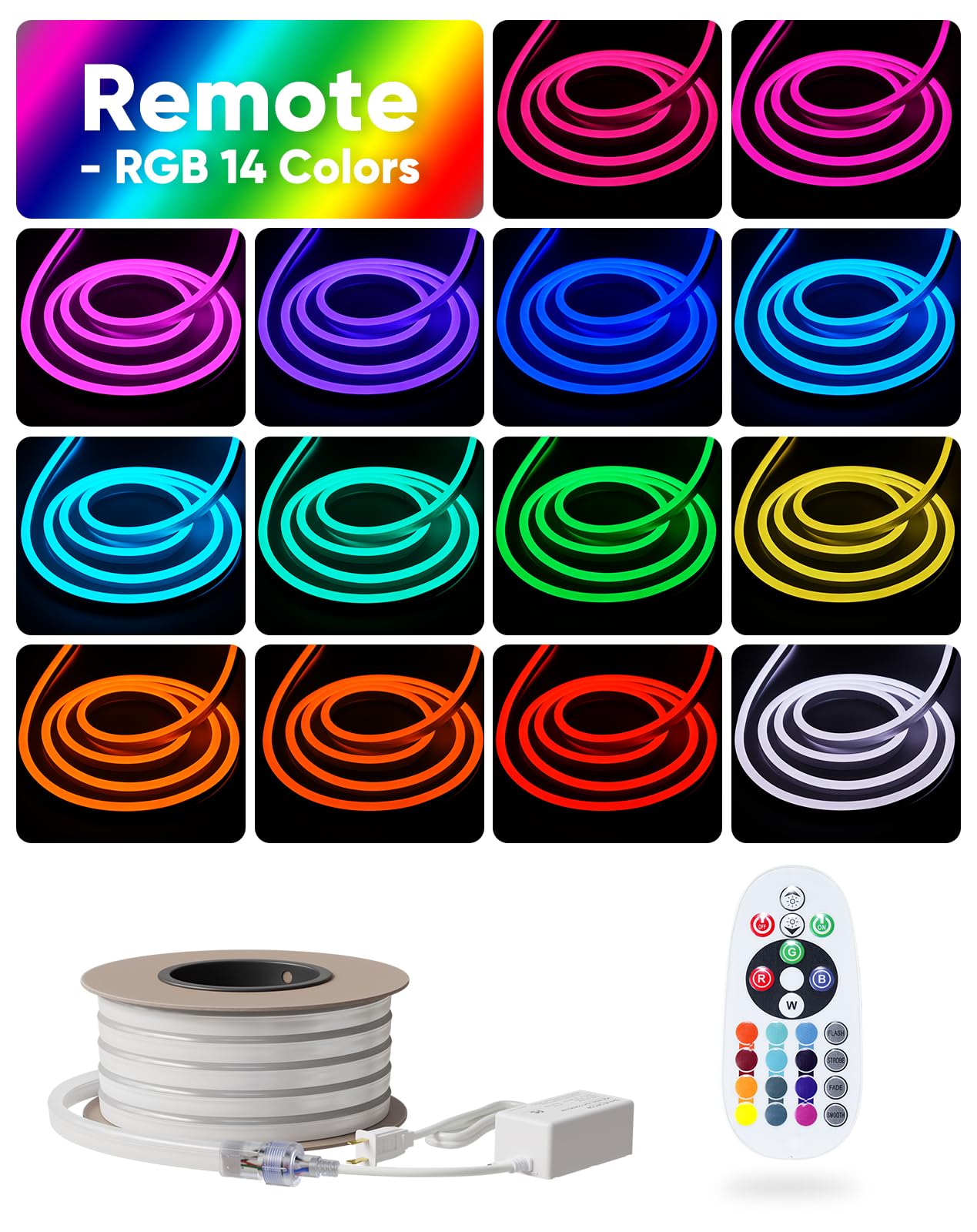 Shine Decor Led Rgb Neon Rope Lights Ac 120V, Expandable & Cuttable Bright Strip Lighting With Remote, Dimmable Color Changing, Etl Cold-Resistant & Ip65 Waterproof For In&Outdoor, 10X20Mm, 50Ft