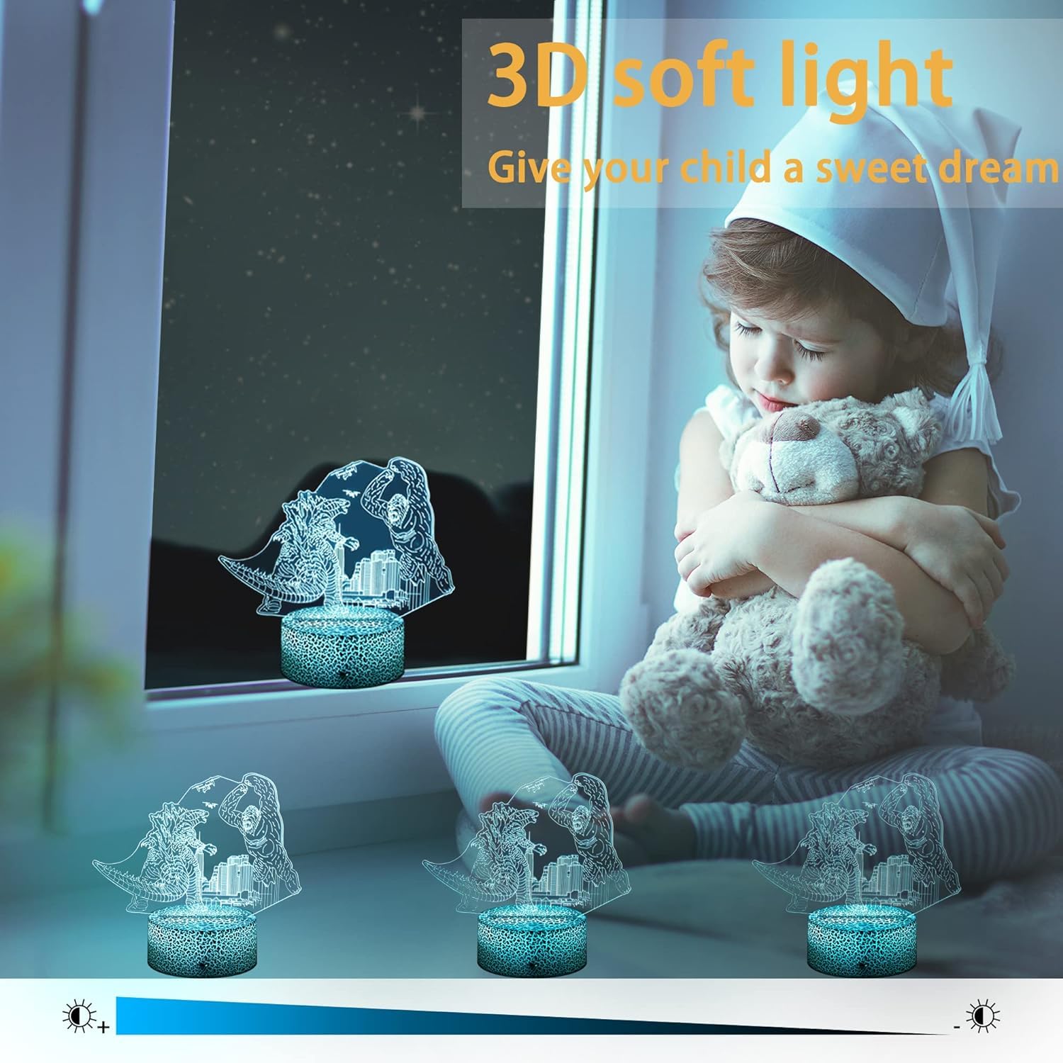 S SUNINESS 3D Godzilla vs King Kong Color-Changing LED Night Light, King of Monsters, Remote Control, Plastic, Perfect for Boys & Girls Gifts