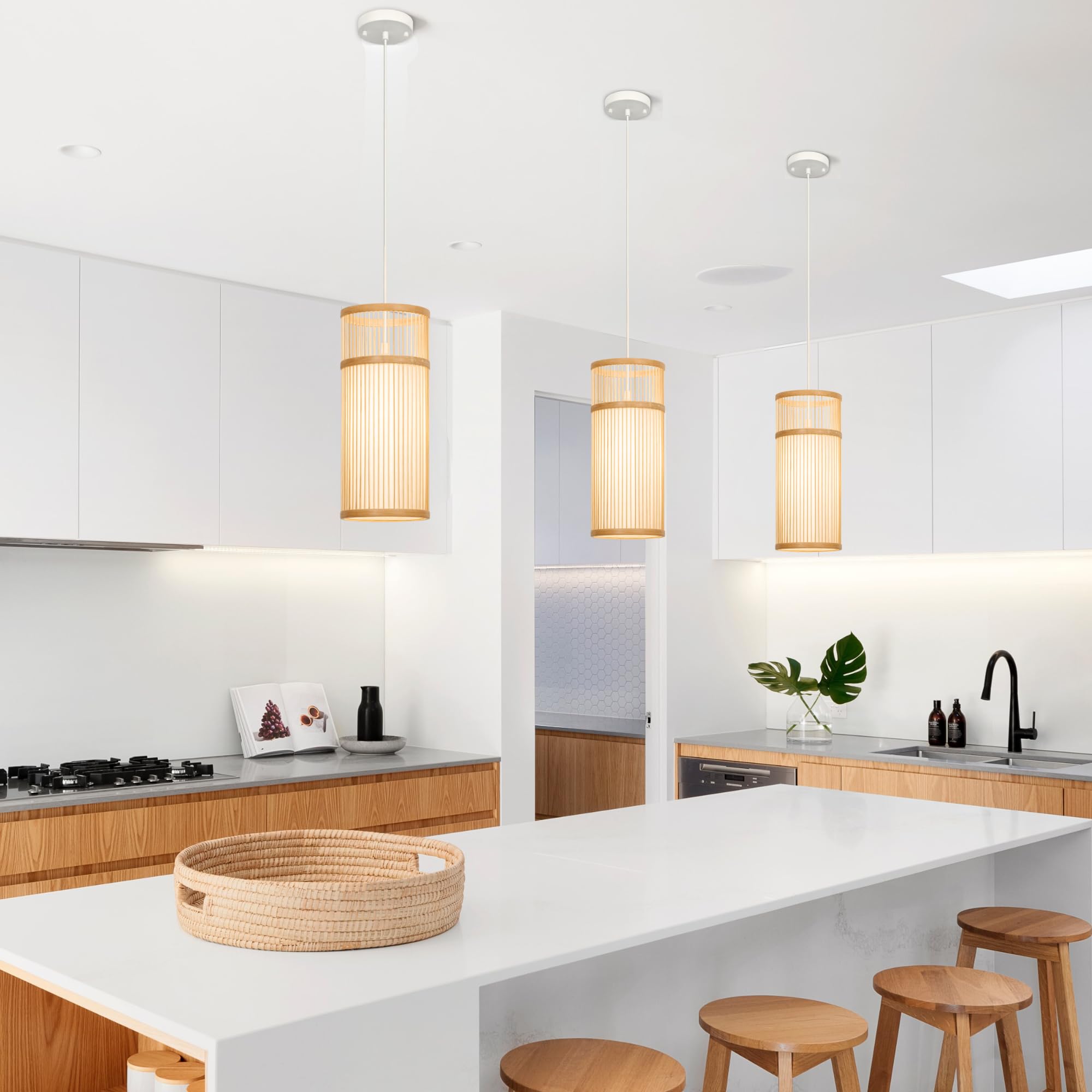 Lumivill Bamboo Pendant Light - Mini Pendant Lights Bedroom - Natural Elegant Woven Pendant Light; Wood Pendant Light For Home D