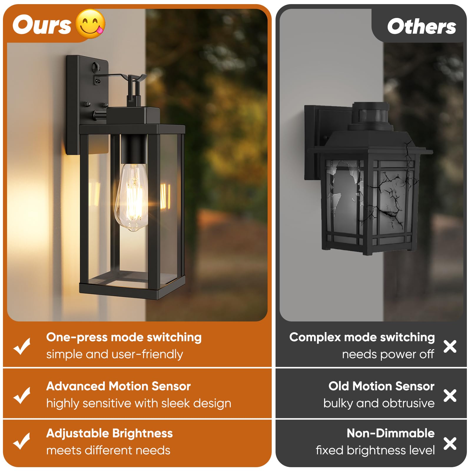 BesLowe Motion Sensor Outdoor Wall Lights, 14in Black Metal, Dusk to Dawn, 3 Lighting Modes, 2-Pack, Model A927S