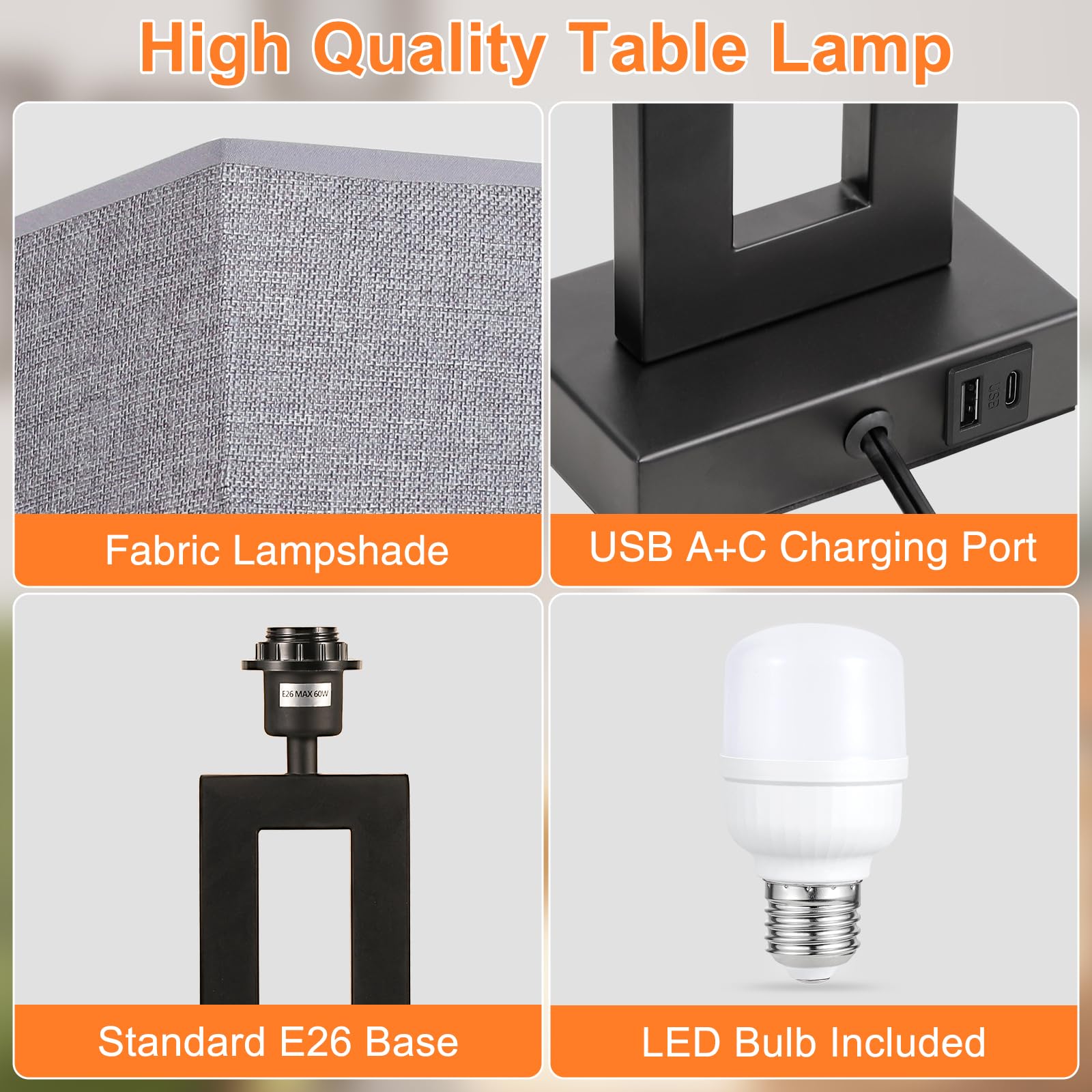 Seealle 22in Tall Modern Lamps - Touch Bedside with USB C+A, 3-Way Dimmable, Set of 2, Grey & Black, Metal
