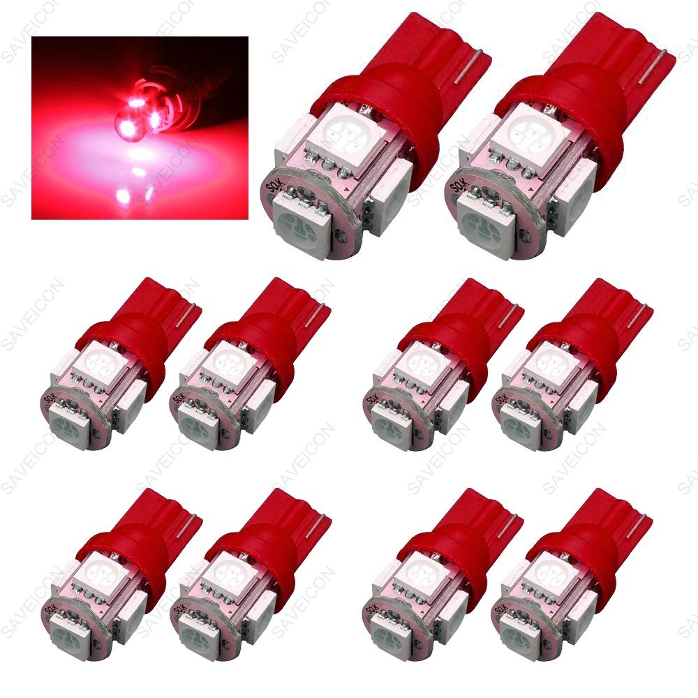 SAWE LED License Plate Dome Map Lights Bulbs, 5-SMD, Pack of 10, Red