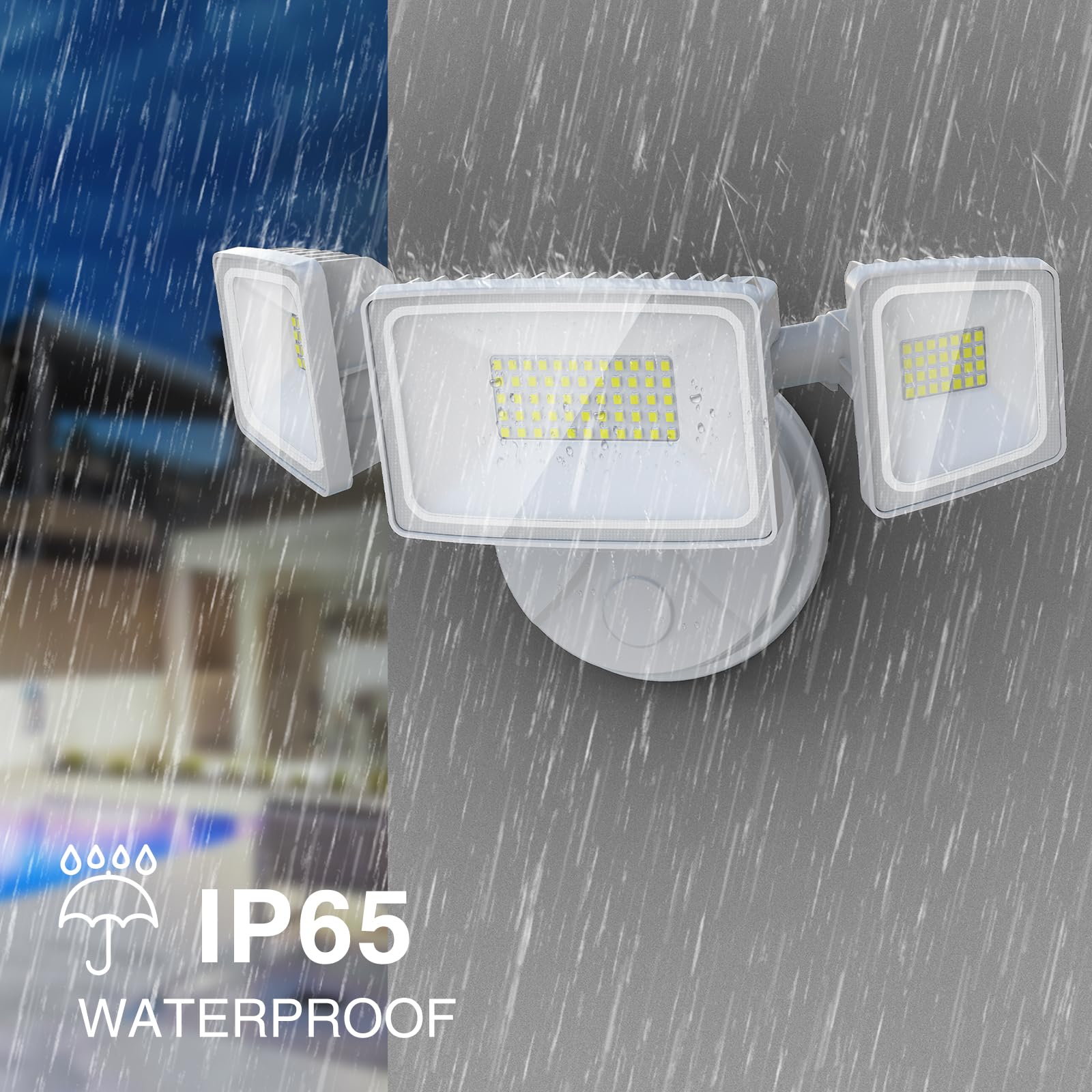 Onforu 60W Outdoor Flood Lights, 6000LM Brightness, 3 Adjustable Heads, IP65 Waterproof, Wall Mount, White, Model BDB60-3