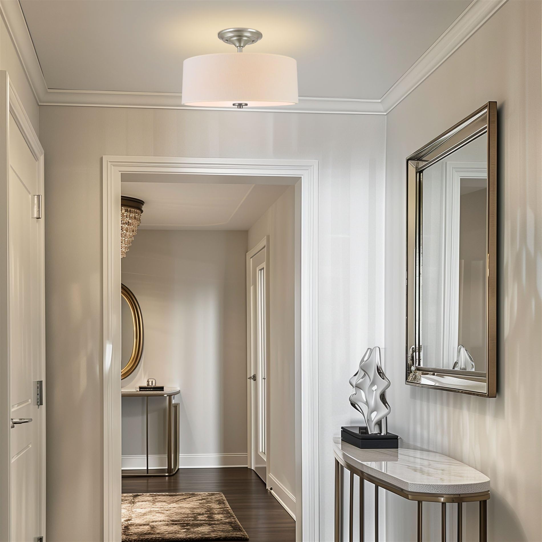 Kira Home 2-Light Semi-Flush Mount Ceiling Light Fixture, Off-White Fabric Drum Shade, Brushed Nickel Finish, Model OpenBox-RV-CSF615-414-BN