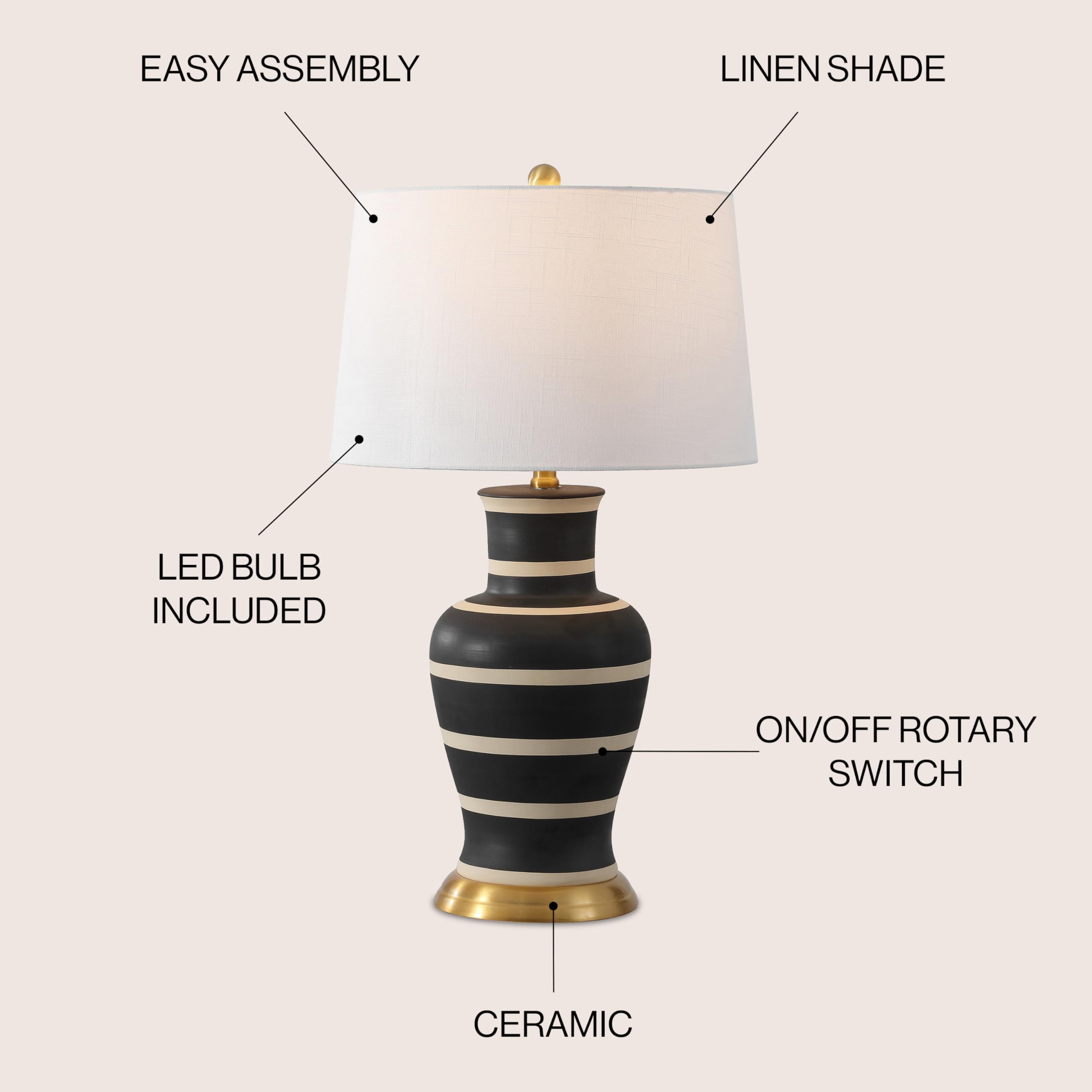 Jonathan Y Jyl4026J Julian 29'' Traditional Classic Ceramic Urn Led Table Lamp, Black/Beige For Bedroom, Living Room, Kitchen, H
