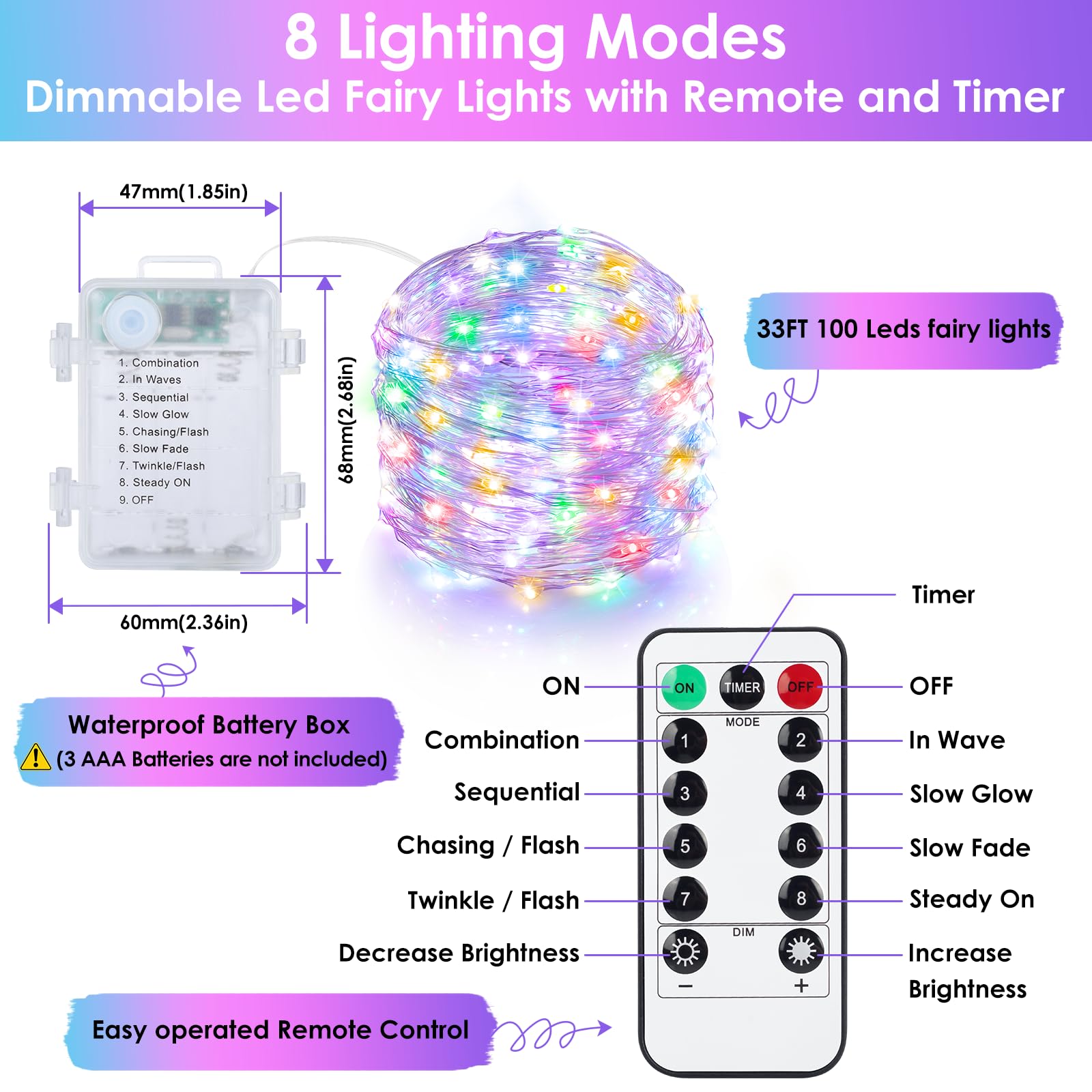 Mlambert 6 Pack 33Ft Fairy Lights Battery Operated With Remote And Timer, Dimmable Waterproof 8 Modes Twinkle Light For Christmas Decor-Multicolor