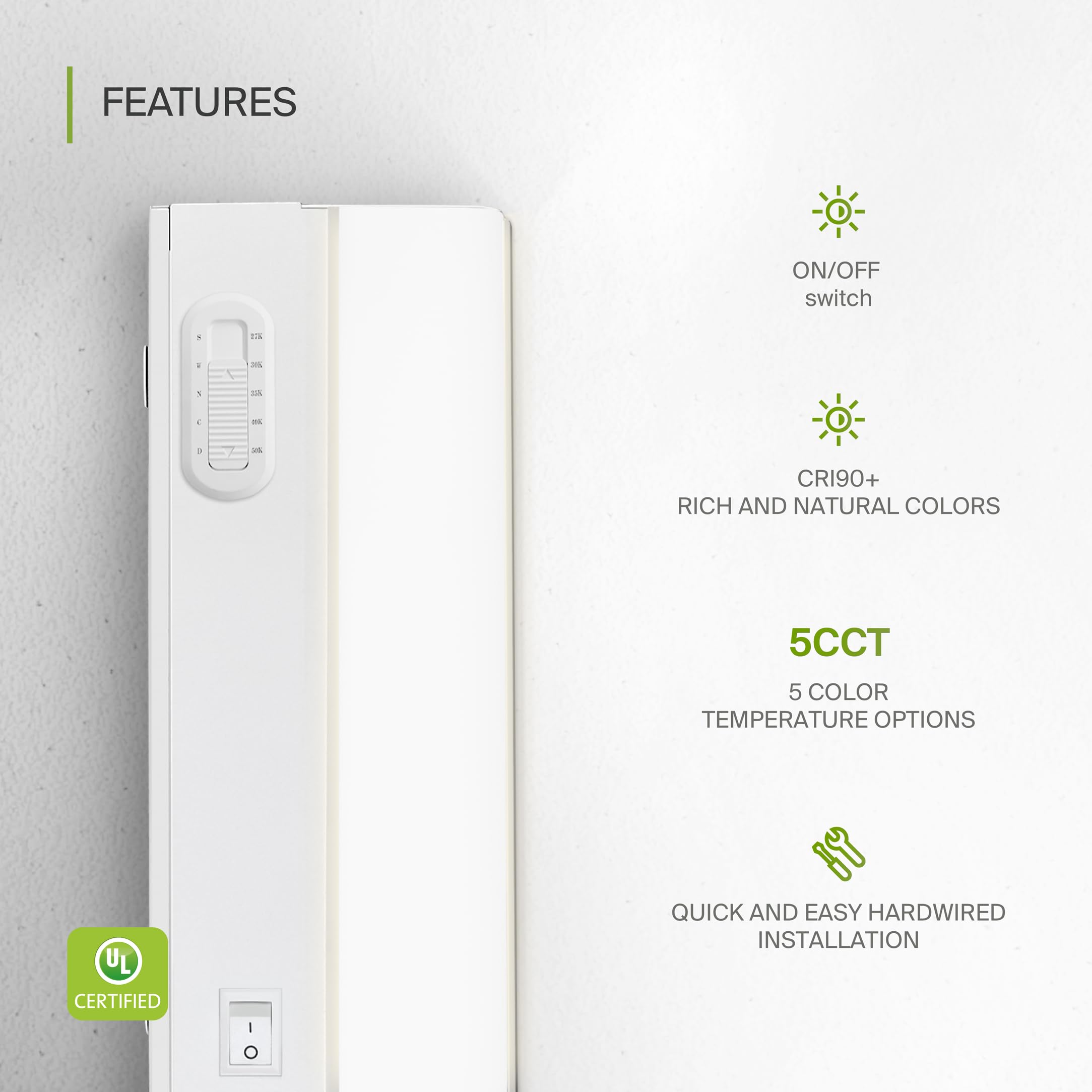 Asd 9 Inch Led Under Cabinet Lighting Hardwired, On/Off & Color Temp Switch, 4W 337Lm, 5 Cct 2700K-5000K Cri90+, Dimmable Under