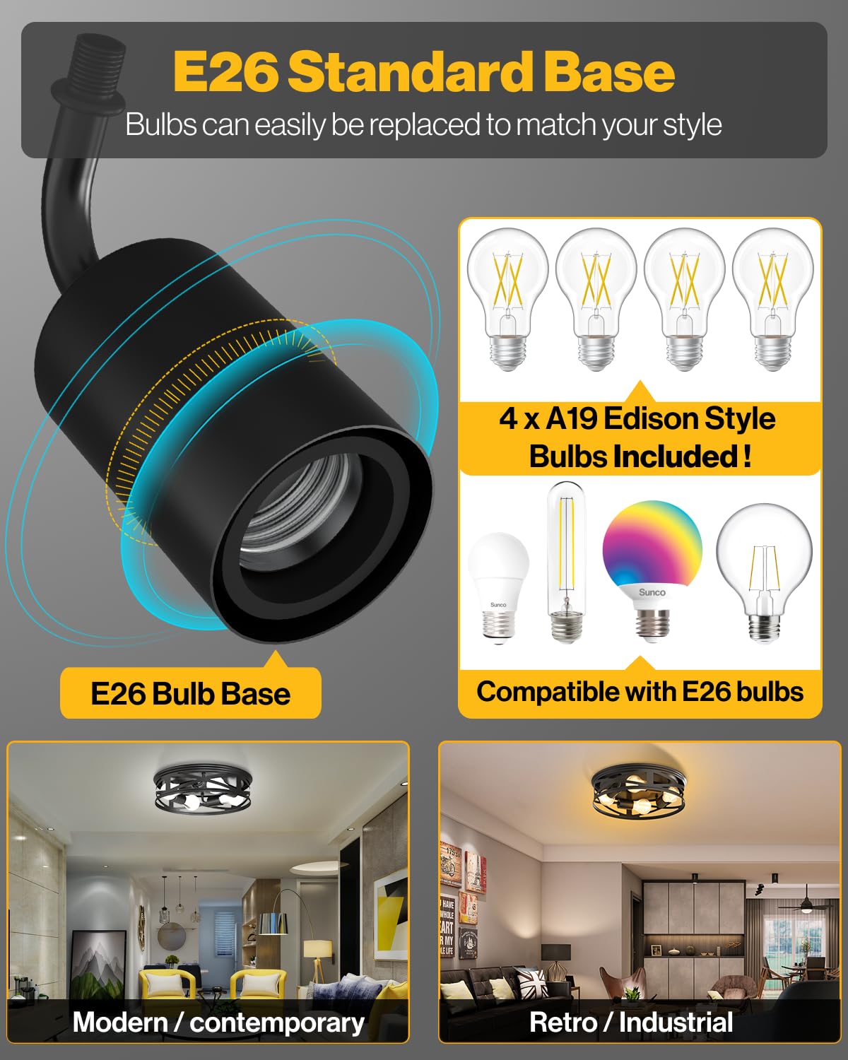 Sunco Farmhouse 4-Light Flush Mount Ceiling Light Fixture, Hallway Matte Black Outdoor Industrial Lights, E26 Base, A19 Edison L
