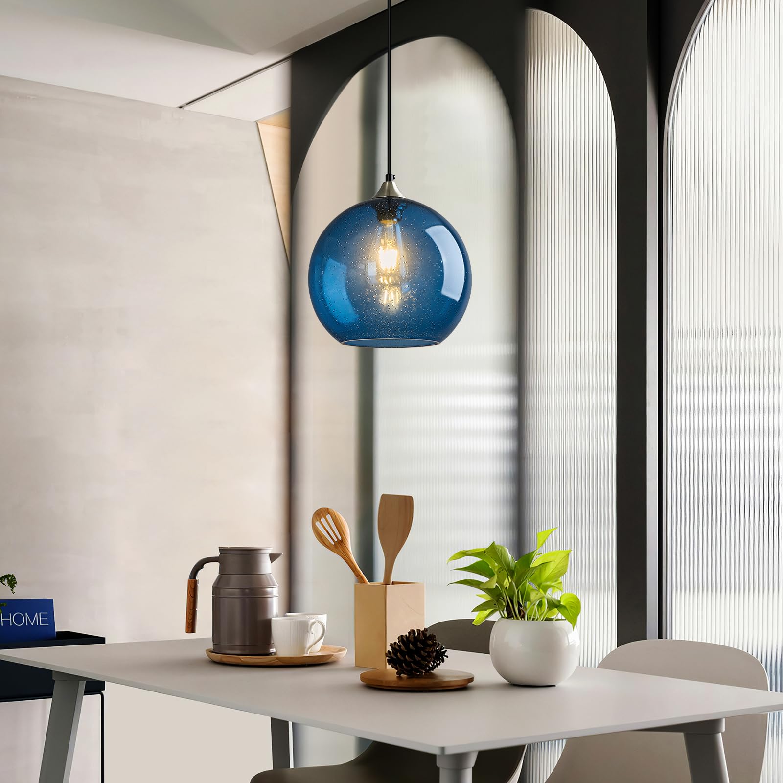 Lbsqj Blue Glass Pendant Lights Kitchen Island Lighting Globe Pendant Light Fixtures Modern Pendant Lighting For Kitchen Island Bedroom Living Dining Room Light Fixture(9.84In  3-Pack)