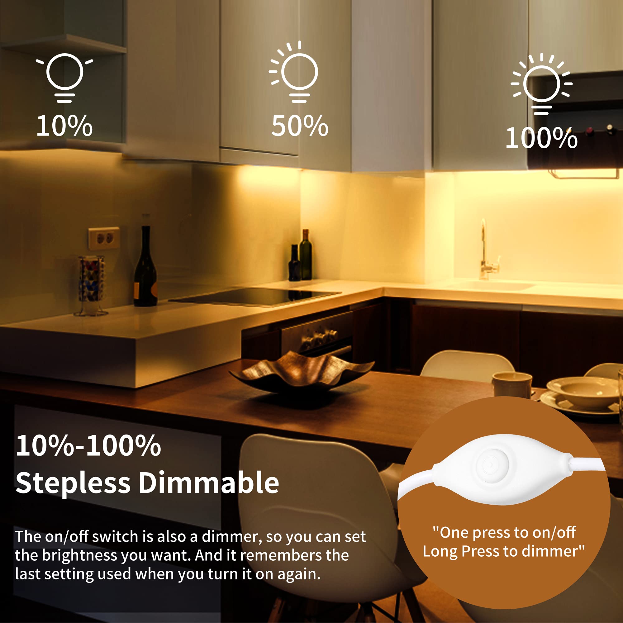 Under Cabinet Lighting, 2Pcs 12'' 3000K Dimmable Led Closet Light, Usb Plug, Memory Function, Linkable Led Cabinet Light Bar For