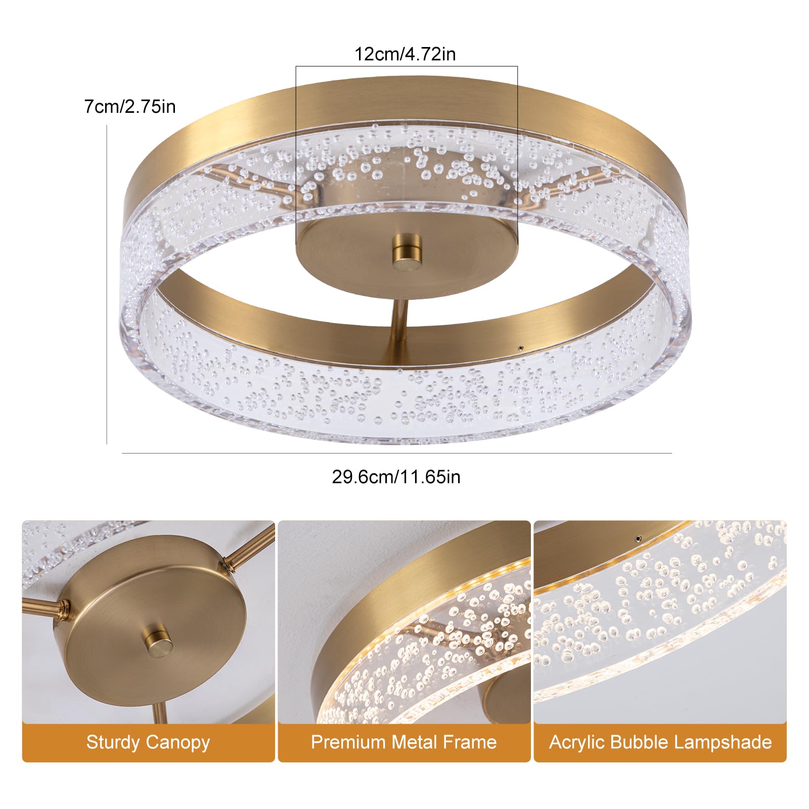Jaycomey Modern Led Ceiling Light Fixture, 11.65'' Flush Mount Kitchen Lighting Gold With Clear Seeded Acrylic Lampshade,Round C