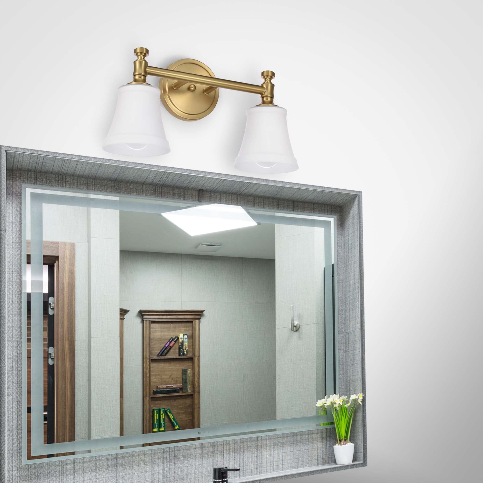 Hanaloa 2-Light Bathroom Vanity Light Fixture, Aged Brass Wall Sconce with Opal Glass Shade, Model VA0045-2-AGB