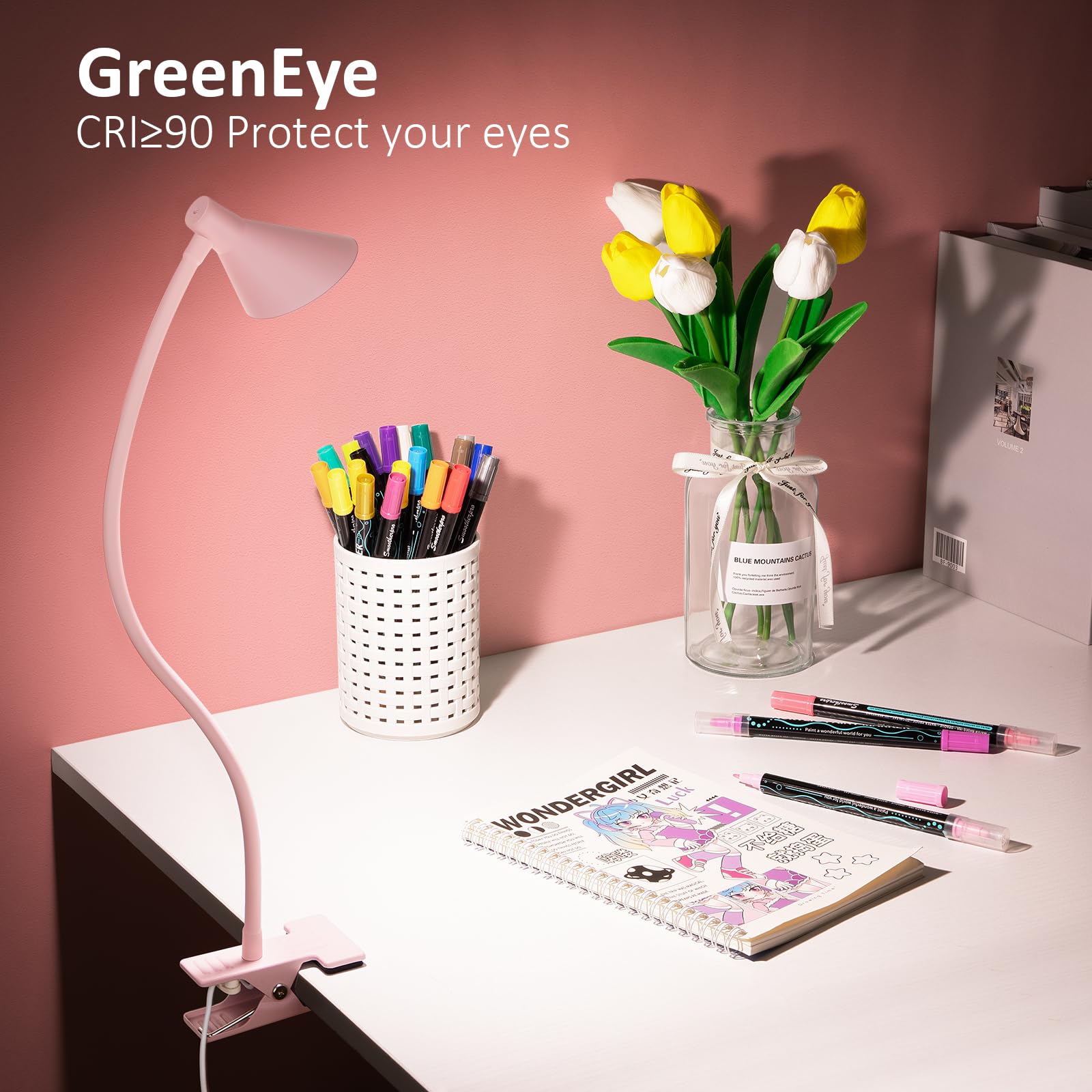 Lifmira Pink Small Desk Lamp Clip On Led Reading Light For Bed, 3 Color Modes 10 Dimmable Brightness, Book Light For Reading In