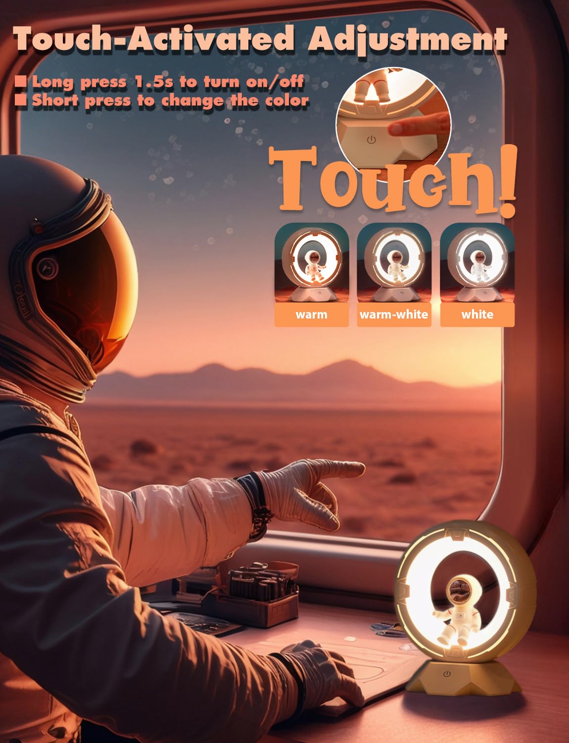 ILLUMYN Night Light Kids, Astronaut Space Night Light Lamp with 9-Level Cold Warm Light Rechargeable Dimmable Tap Touch Nightlig