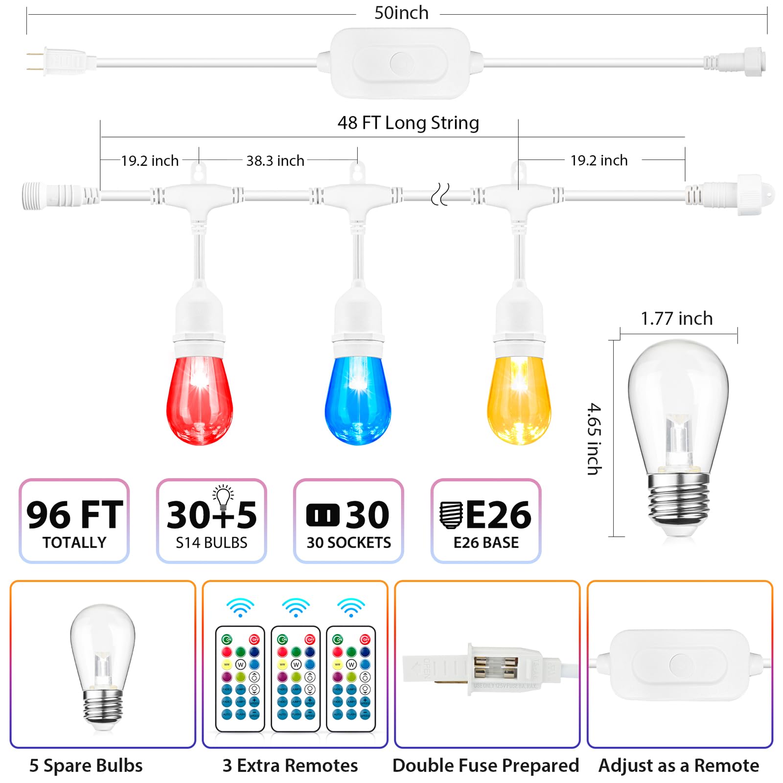 Mlambert 2 Pack RGB Outdoor Patio String Lights, 96Ft White, 30+5 E26 Shatterproof Bulbs, Dimmable for Garden, Model GLS22C2RGB