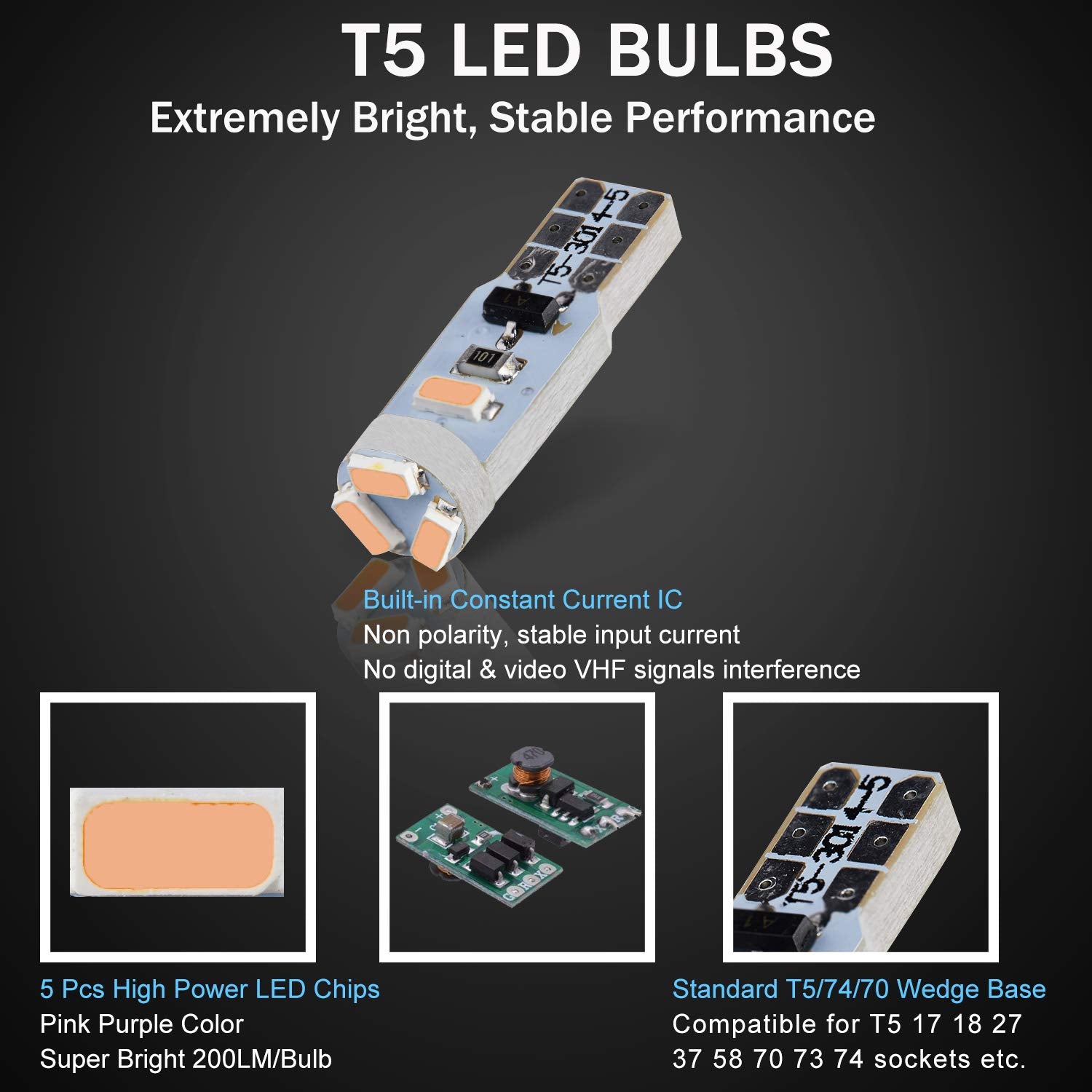 Brishine T5 74 2721 Led Bulbs Pink Purple With Twist Lock Socket, Canbus Error Free Pc74 Pc37 882 Dashboard Instrument Panel Lig