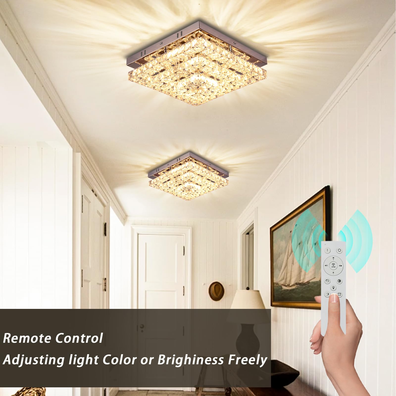 Cainjiazh Crystal LED Ceiling Light Chandelier, 11.8in Square, Dimmable, Stainless Steel and Crystal, Modern Design for Bedroom, Dining Room