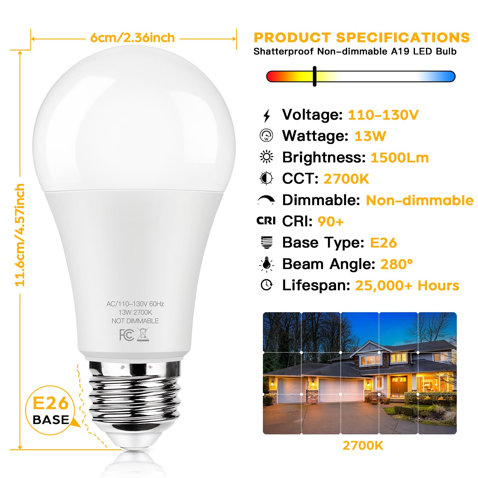 Led Light Bulbs 100W Equivalent 1500 Lumens, A19 13W 2700K Warm White Non-Dimmable, Super Bright No Flicker Standard E26 Edison Screw Bulbs For Home, Bedroom, Office Lamp, 12-Pack