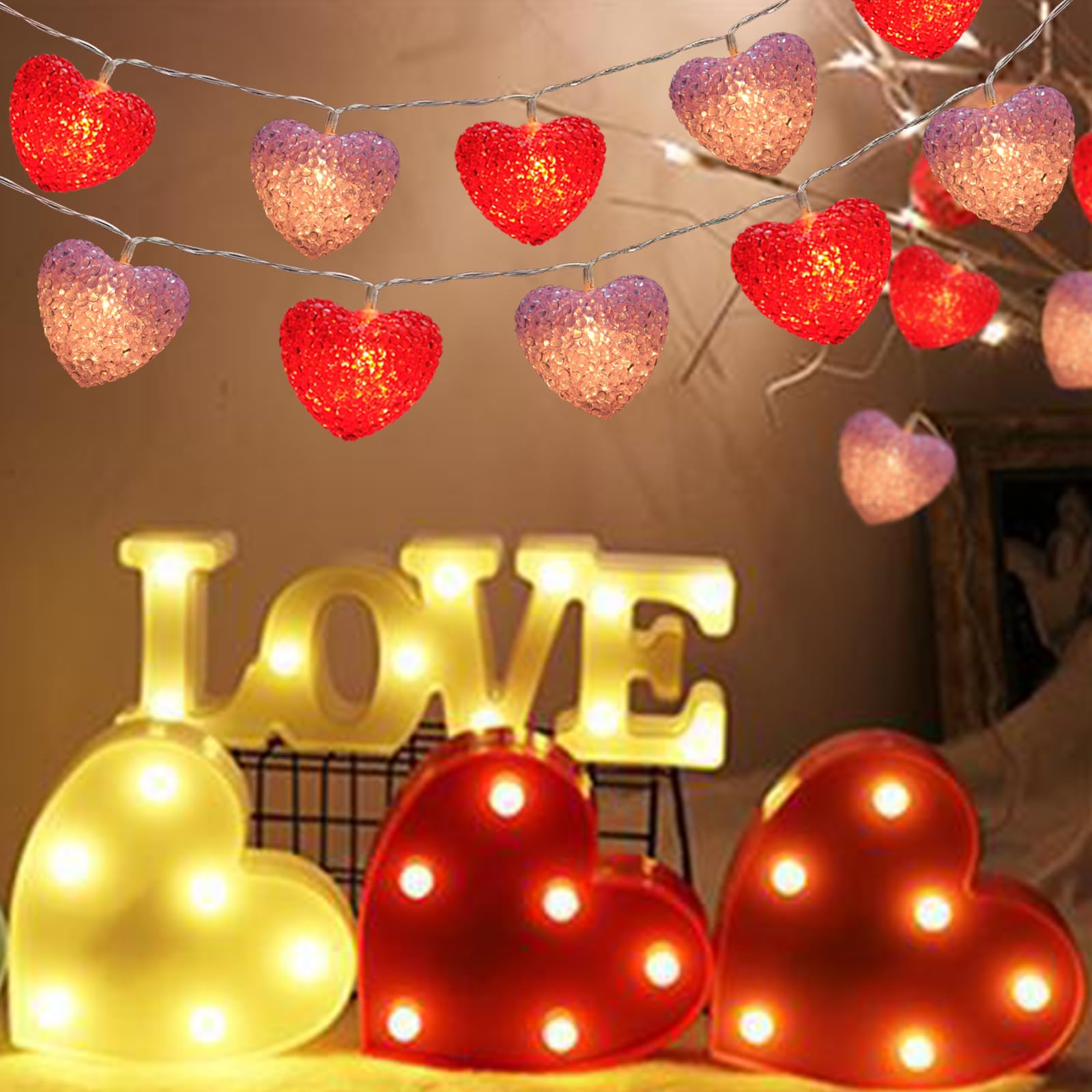 Valentine Lights String Battery Powered 6.8Ft 10 LED Heart String Lights with Remote Timer, Valentines Day Heart Lights for Indo