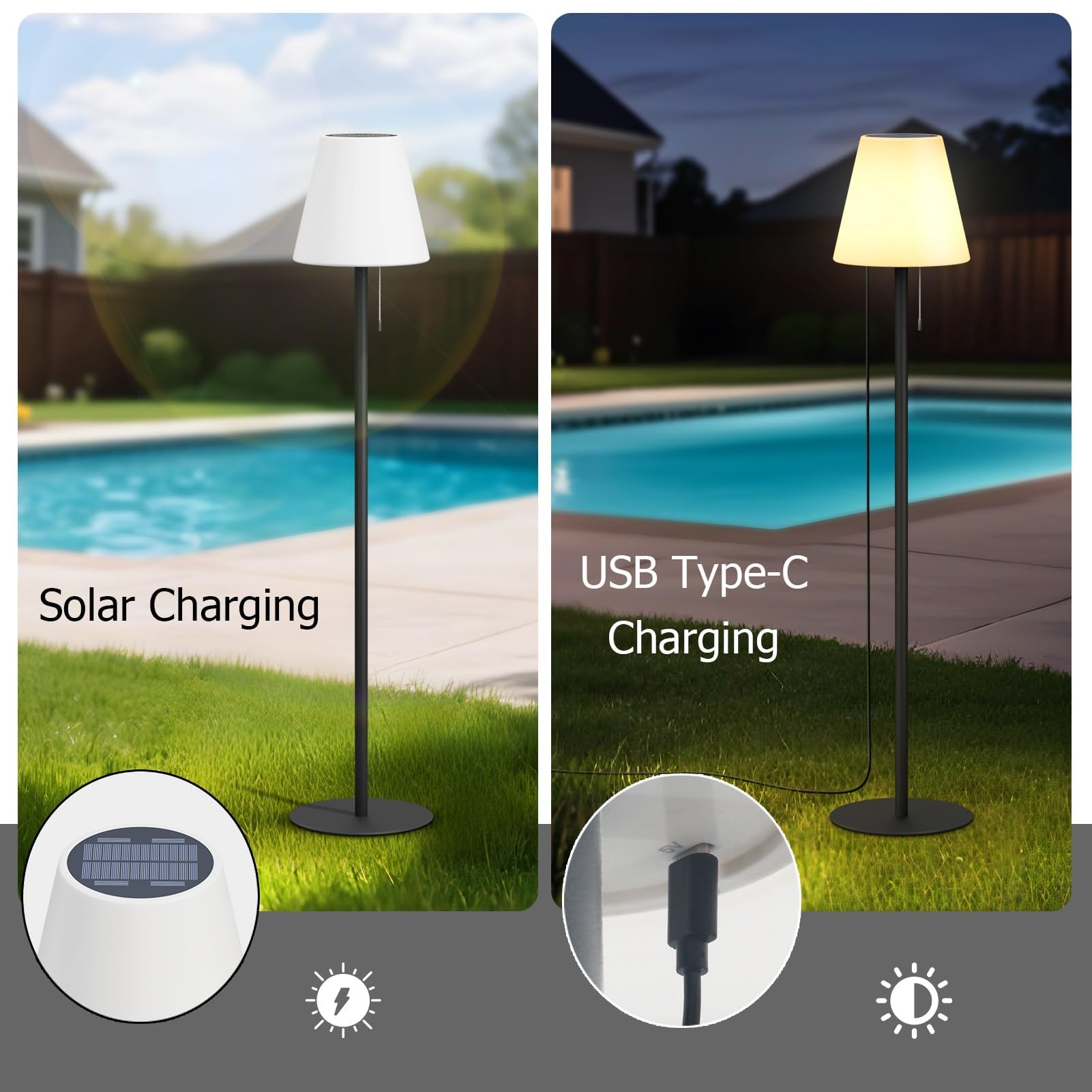 Ggii Solar Outdoor Floor Lamp Usb Rechargeable Cordless Dimmable Rgb Warm White Led Lights For Yard Garden Patio Round Base 59 I