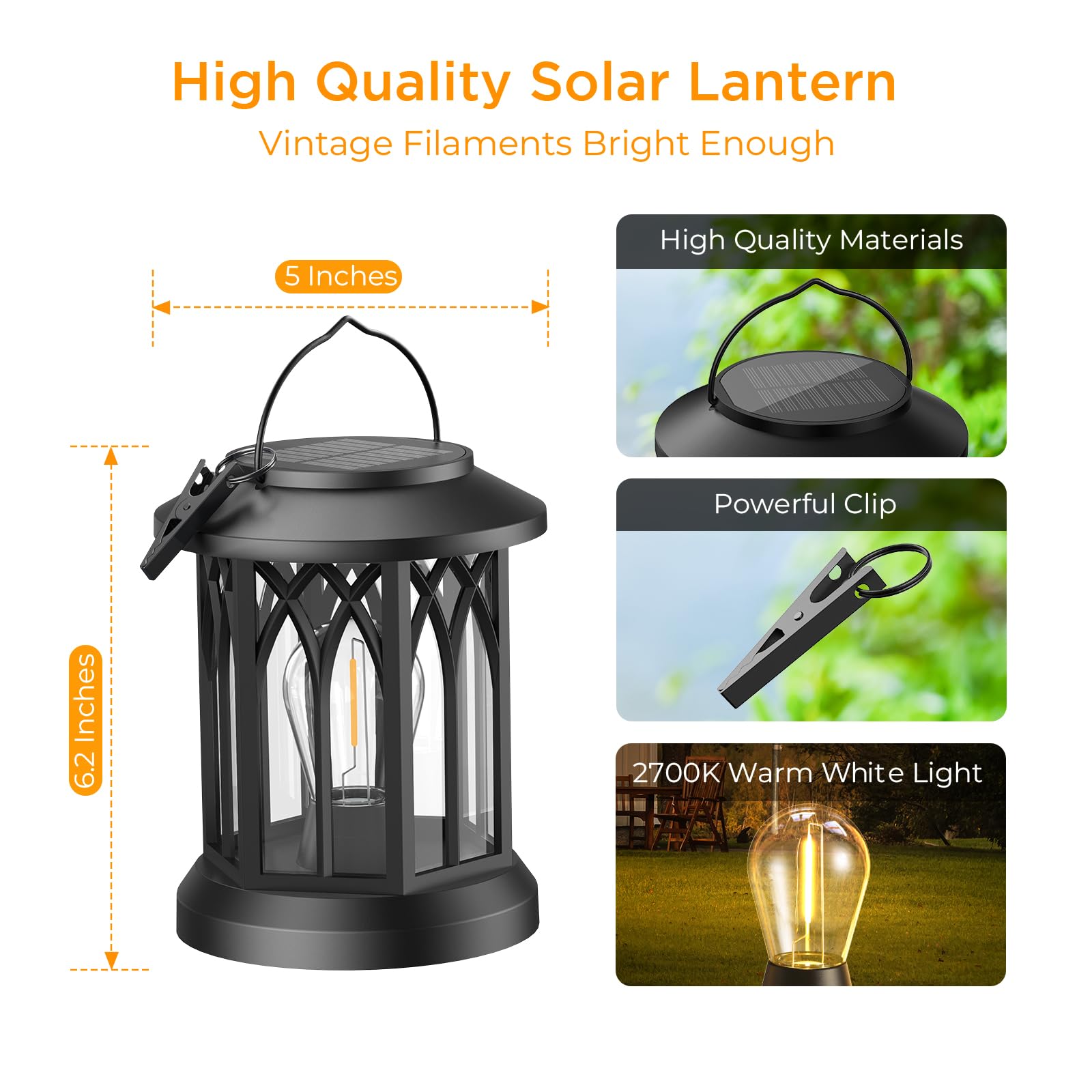 WdtPro Solar Lanterns - 6 Pack Waterproof LED Lights for Outdoor Garden, Black, Model TLL009