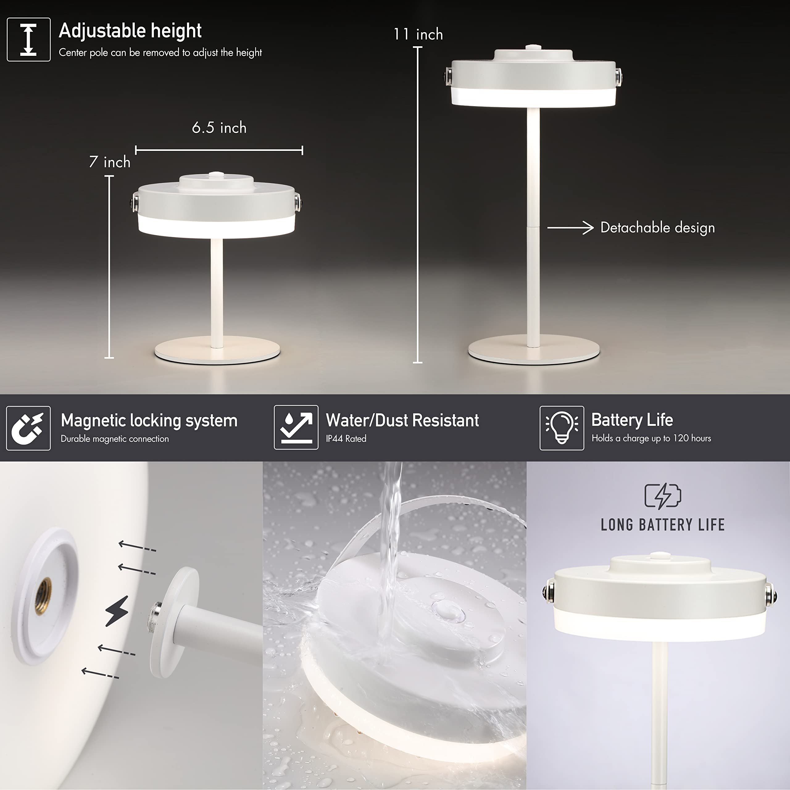 OBright Portable LED Lamp - Rechargeable, IP44 Water Resistant, Adjustable Height, White, Model OB-TL17B
