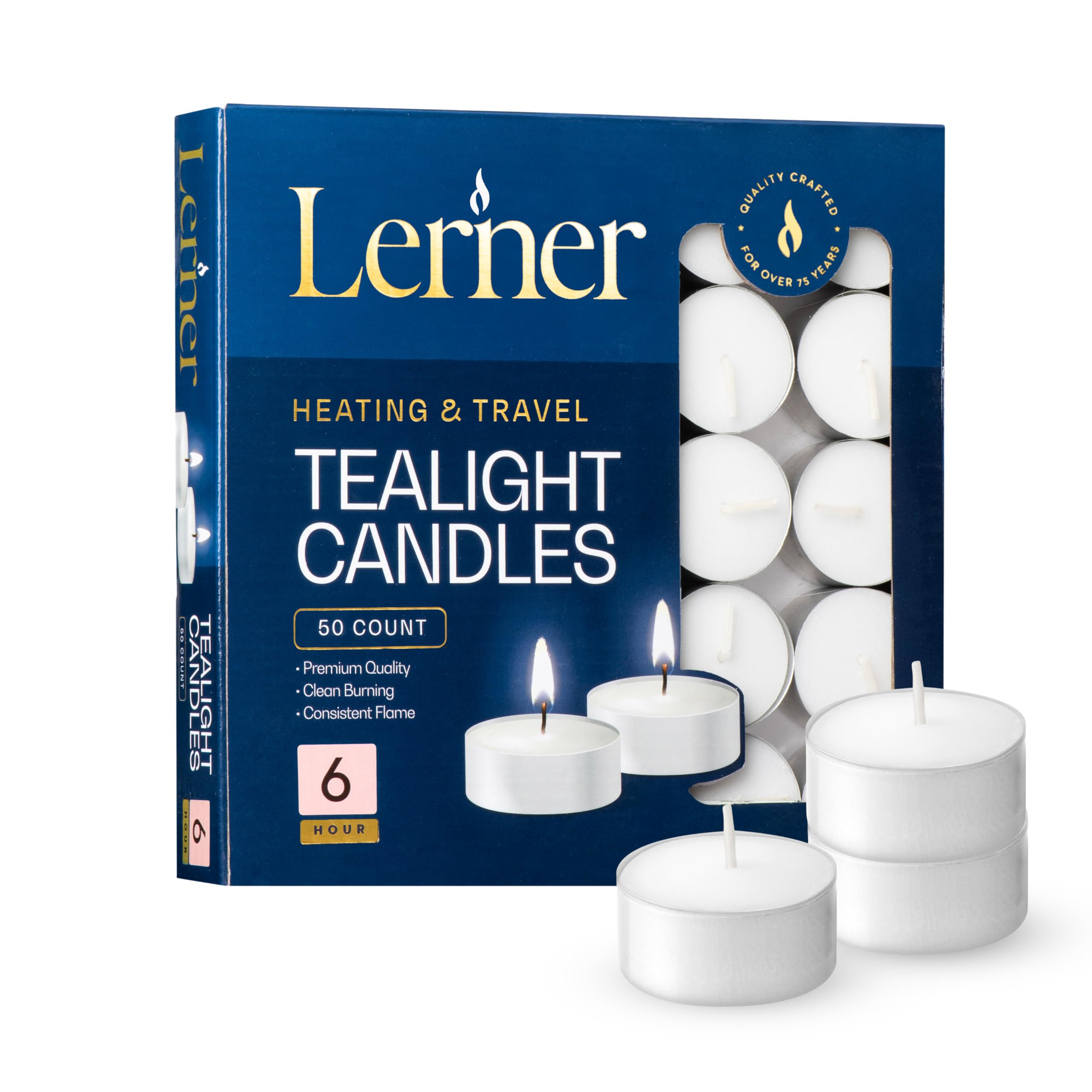 Lerner Tealight Candles  50 Count| 6 Hours Long-Burning White Tea Light Candles| Non-Toxic  Smokeless & Soot-Free Tea Light Warmer Candles | Unscented Party  D?Or  Shabbat Tea Candles
