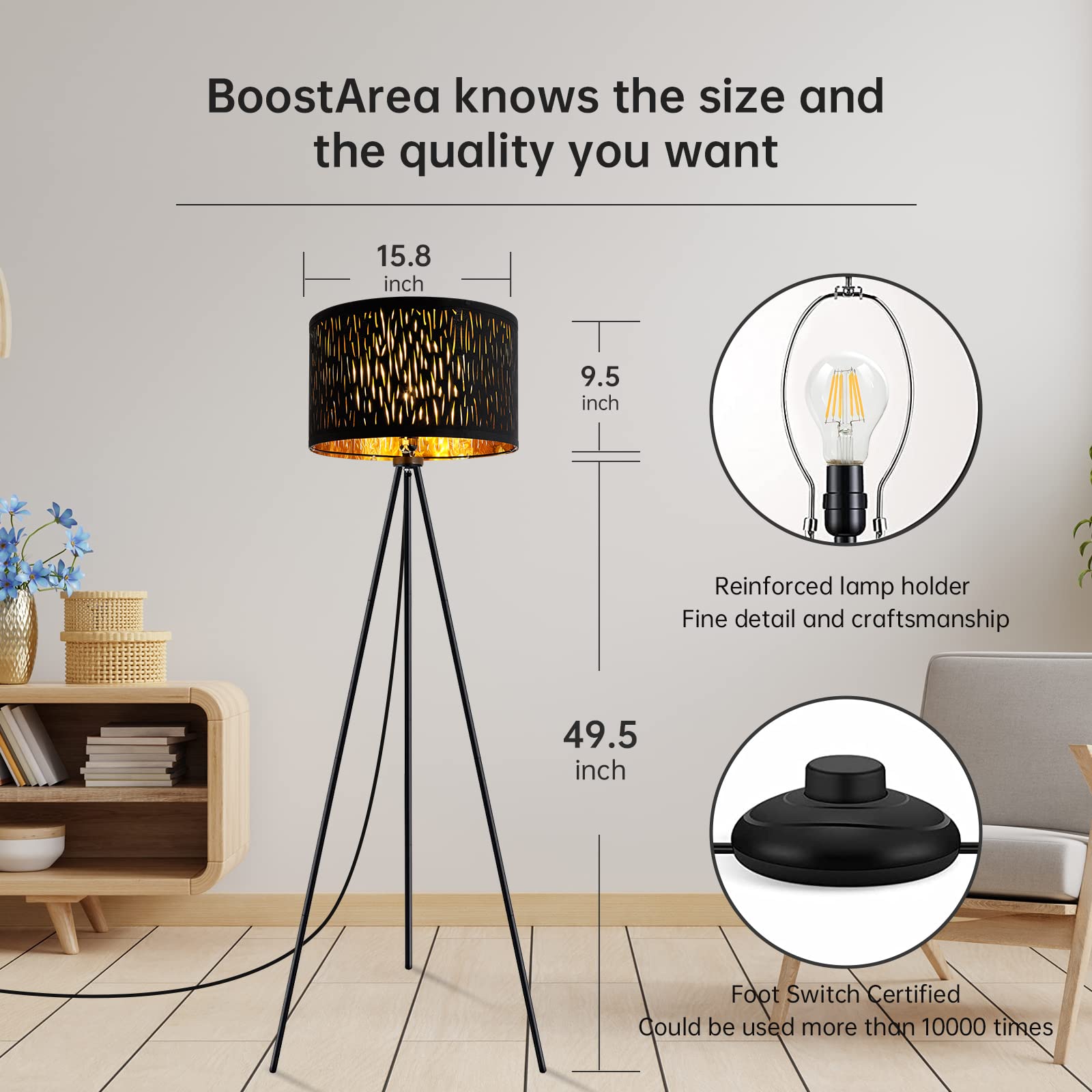 Boostarea Floor Lamp, Tripod Floor Lamp, 8W Led Bulb, Decorative Lamp Shade, Mid Century Standing Lamp For Living Room, Bedroom,