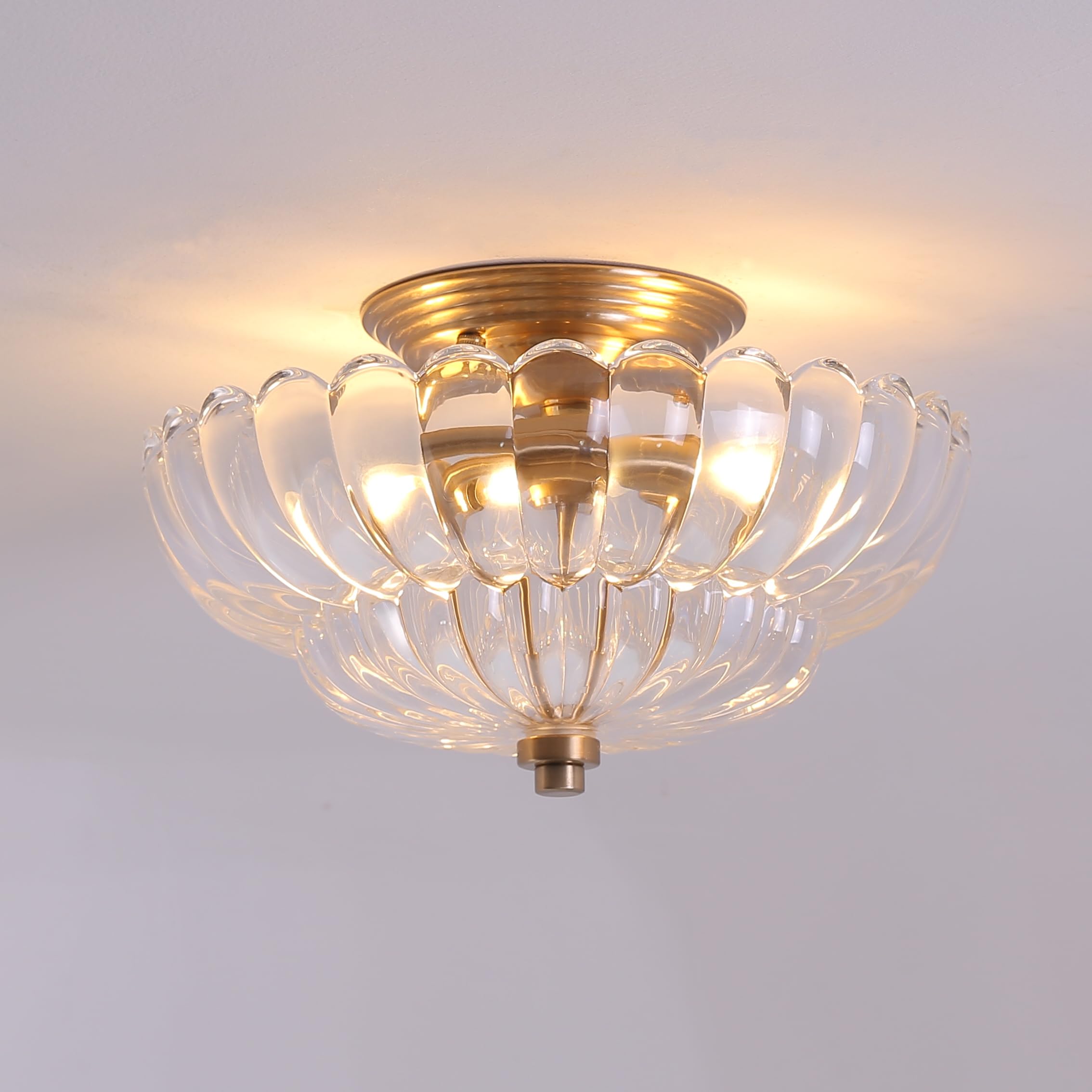 Semi Flush Mount Ceiling Light, Scalloped Clear Glass Close to Ceiling Light Fixtures with 2 Lights, Gold Vintage Light fixtures