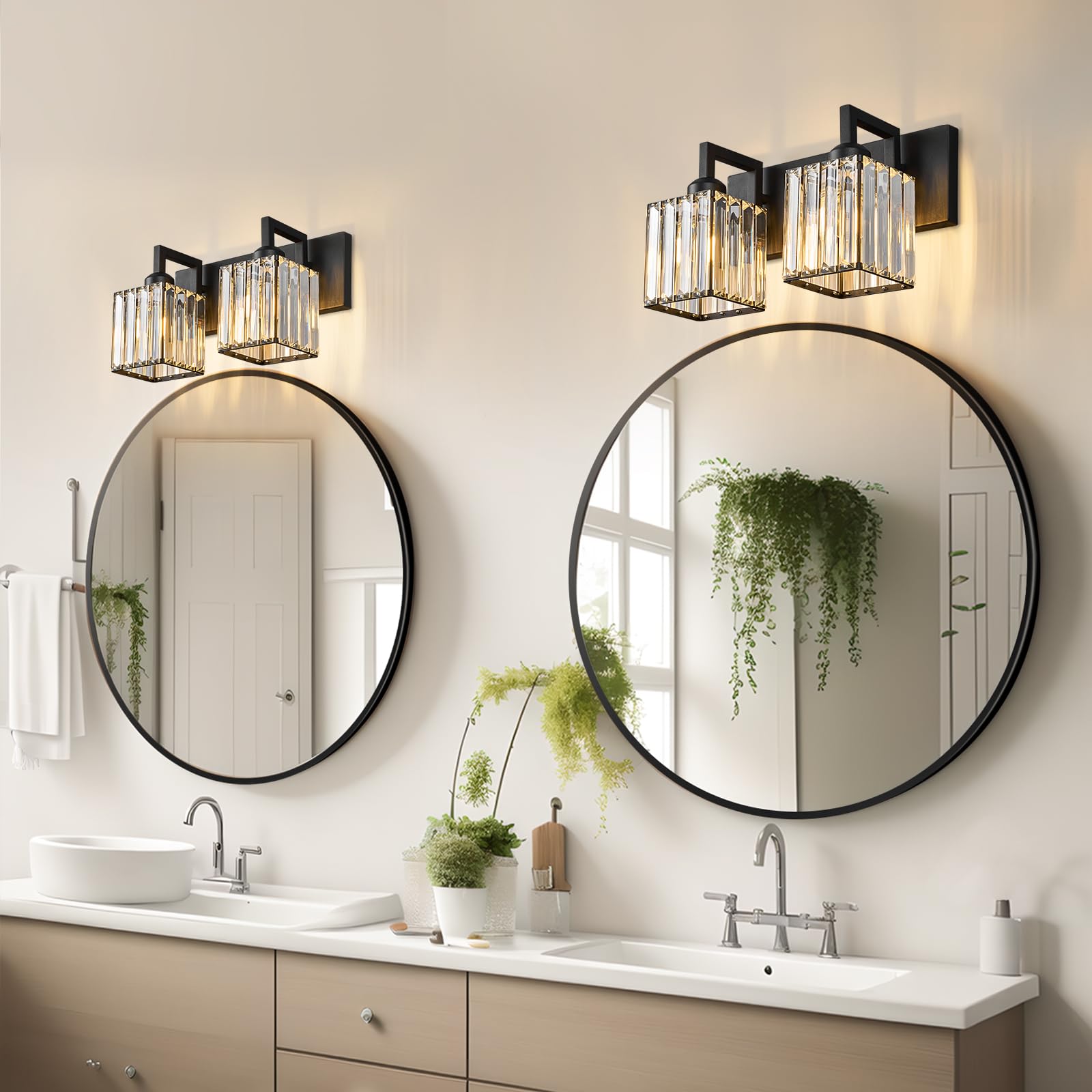 FDPBY Modern Crystal Bathroom Vanity Light 2-Light Metal Wall Lamp Black JW-003