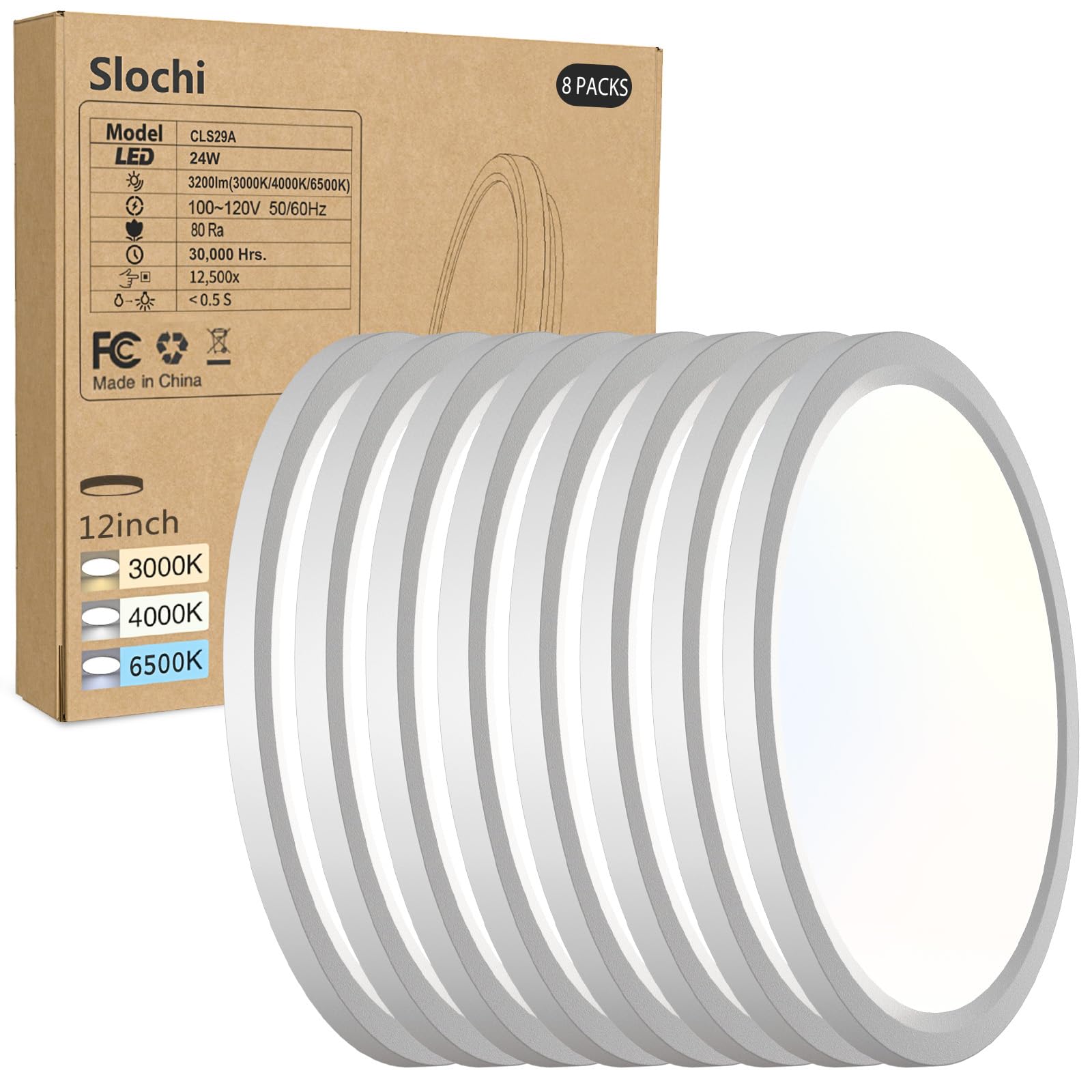 slochi 8PACK LED Ceiling Light Fixture 3000K-6500K 24W 3200Lm 12Inch Round Plastic White CLS29A-8-WT