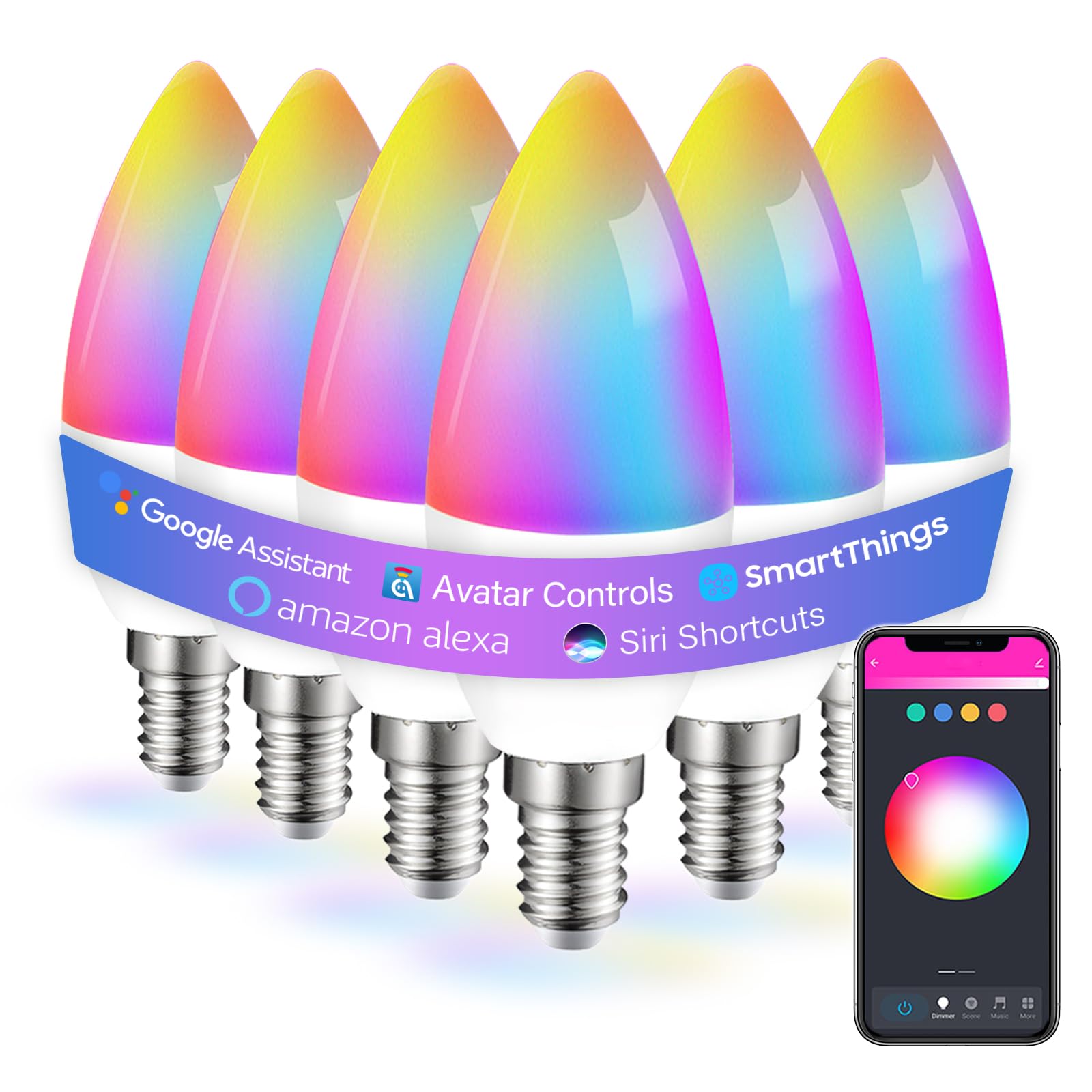 6 Pack E12 Smart Bulbs, Alexa Wifi Candelabra Smart Light Bulbs 5W 2700K-6500K Color Changing Dimmable Rgbcw, Music Timer Ceilin