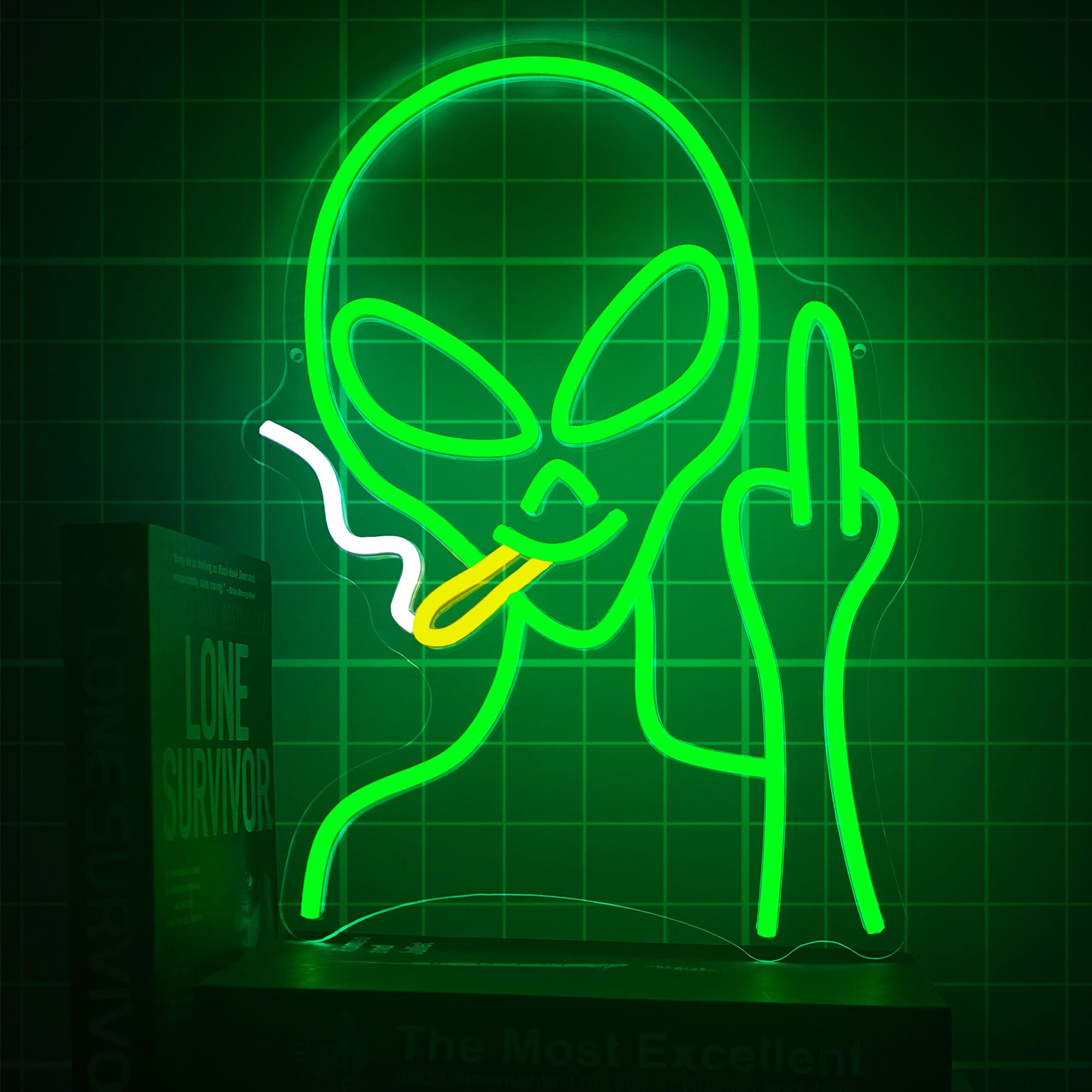 HAJAE Green Alien Neon Sign - Dimmable LED Wall Decor, 15.75 x 11 inches, Perfect for Bedroom, Man Cave, Game Room, Home Bar
