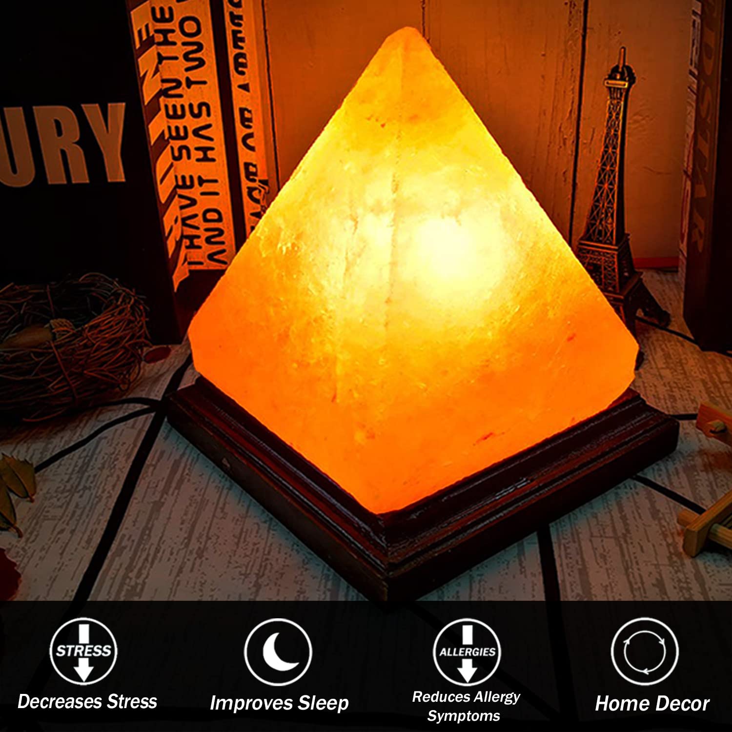 V.C.Formark USB Himalayan Salt Lamp - Hand Carved Crystal Rock, 8 Color Changing, Pyramid Shape, Genuine Wood Base for Home and Office Decor