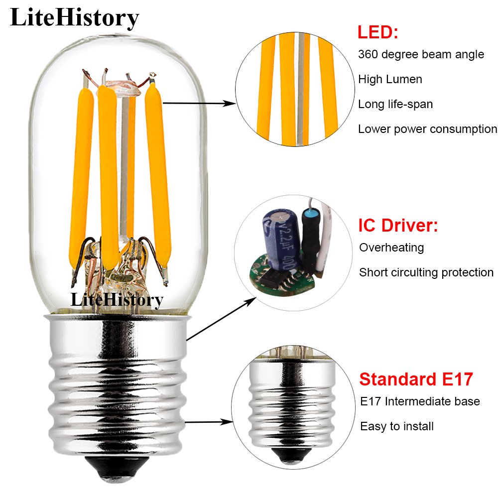 LiteHistory E17 LED Bulb 25W 250lm 2700K Microwave Light 2 Pack Glass