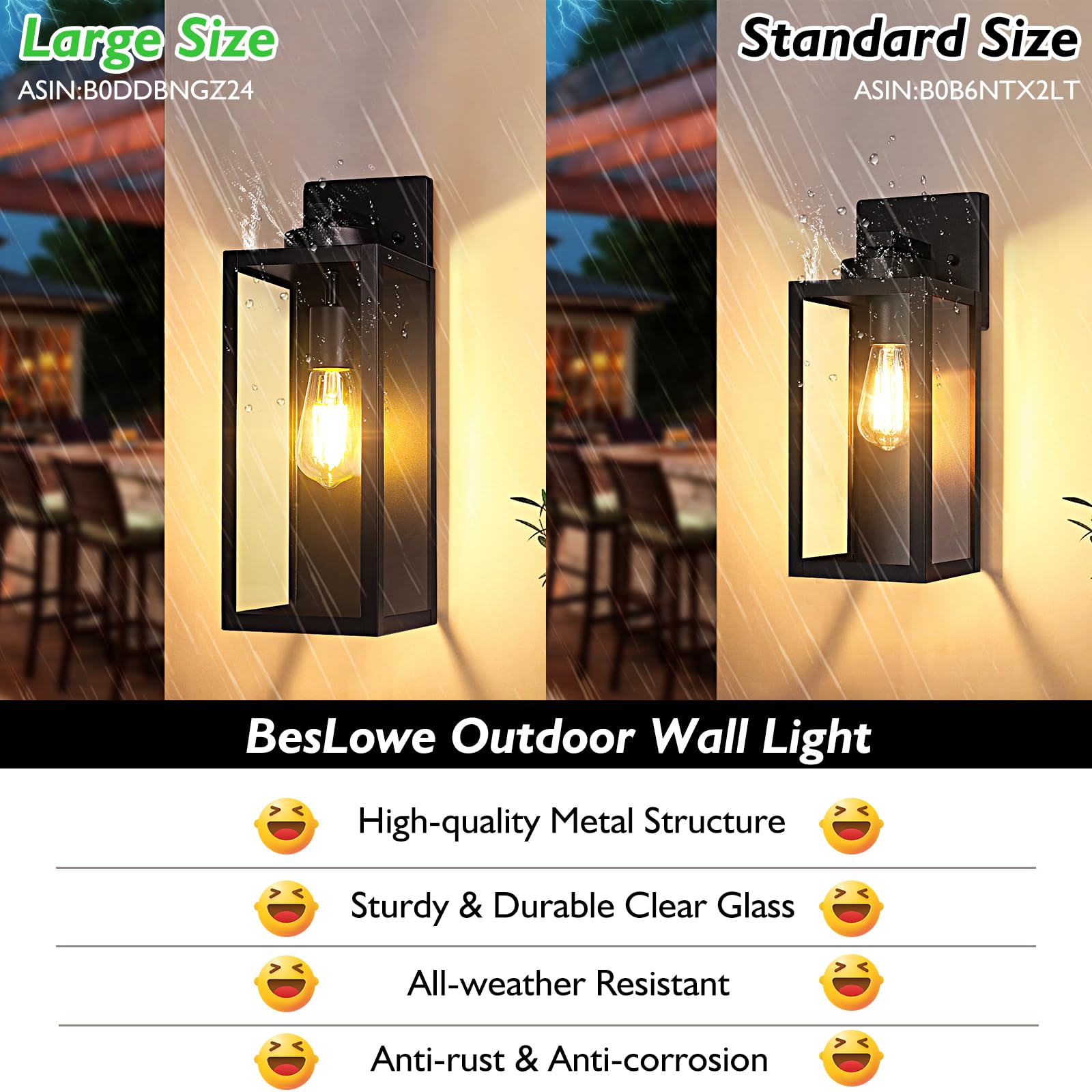 BesLowe 15.25" Outdoor Wall Light Fixture, Waterproof Black Porch Sconce, Model B05074P, Wall Mounted Lantern for Entryway
